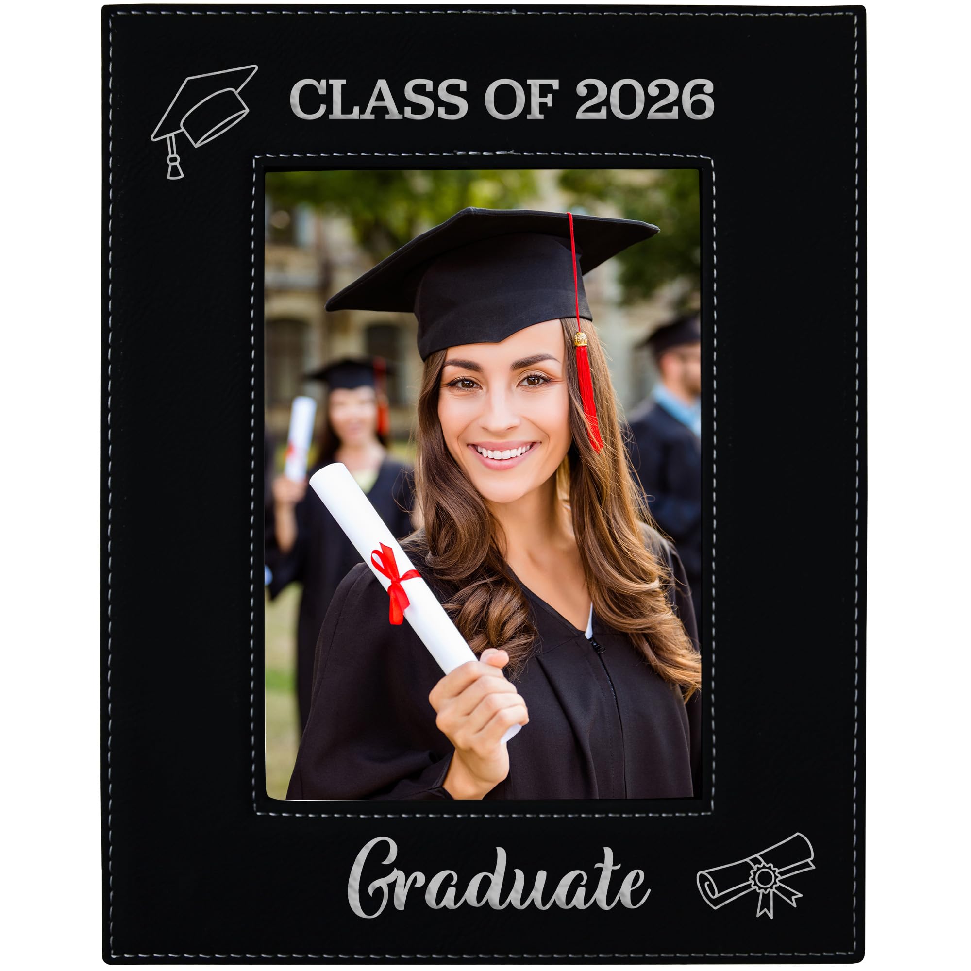 CEDAR CRATE MARKET Class of 2026 Graduate Picture Frame – Leatherette Frame with Engraved Silver Lettering, Fits a 5x7 Photo, Graduation Gifts for High School College
