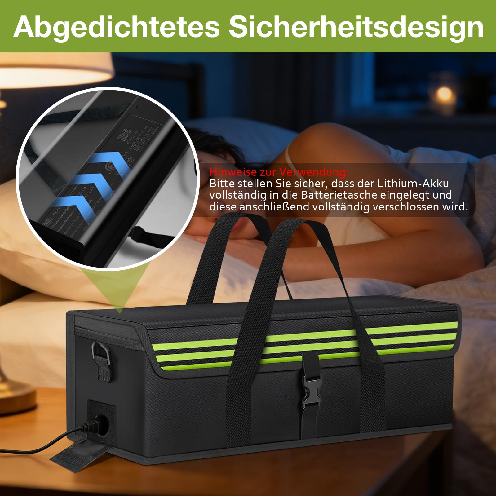 Ebike Akku Tasche, Feuerfest Wasserdicht Explosionsgeschützt, Lipo Safe Bag, Geeignet zum Laden, Transportieren und Aufbewahren, 51*15*15cm, Reflektierendes Streifendesign (2)