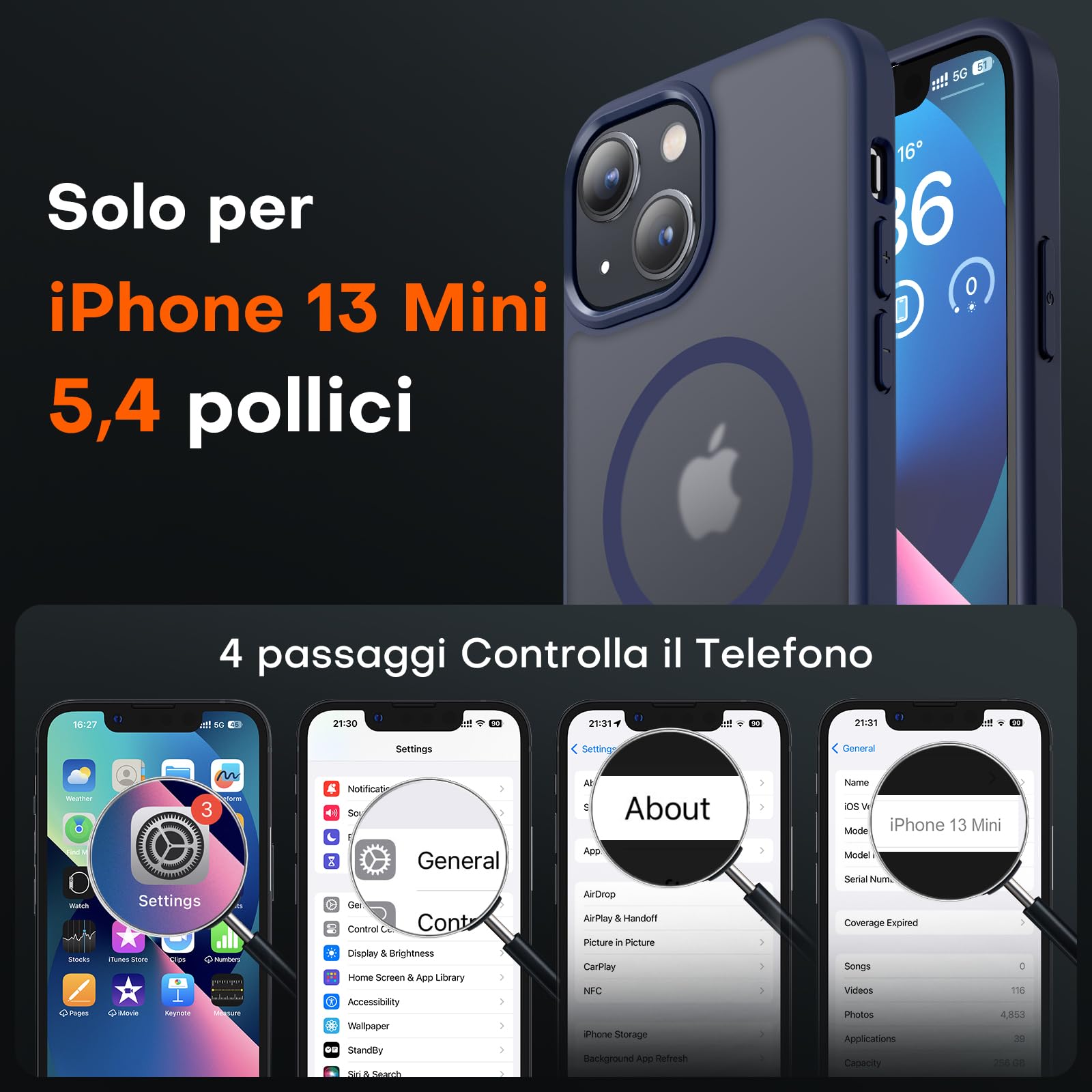 TOCOL Cover Magnetica per iPhone 13 Mini 5,4 Pollic, Compatibile con MagSafe, Custodia Antiurto Traslucida Opaca, Blu