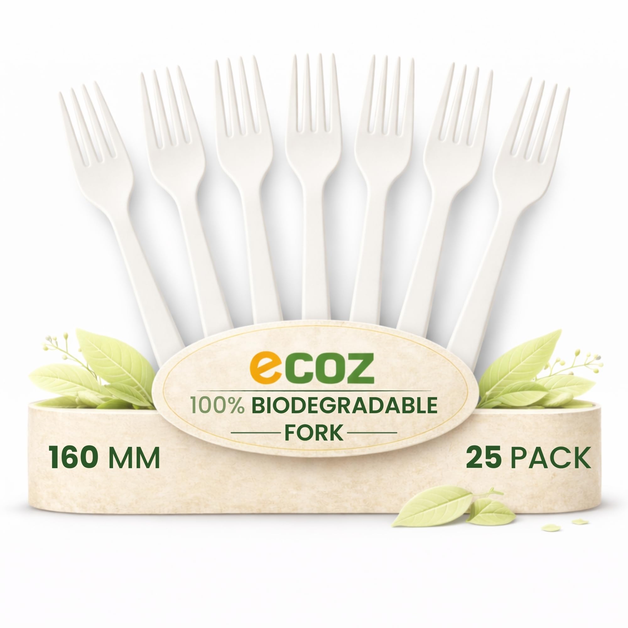 ECOZ Disposable Forks 6 Inch (160 mm) Pack of 25 – Compostable Cornstarch Biodegradable Eco Friendly Disposable Cutlery for Party Catering Picnic Takeaway Food Service Fruit Fork for Kids