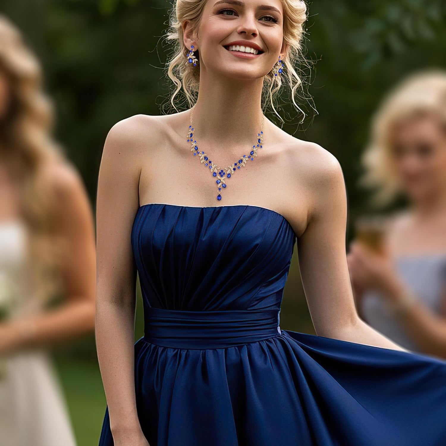 BriLove Wedding Jewelry Set for Women Bride, Y-Necklace Dangle Earrings Crystal Teardrop Leaf Flower Cluster Bridal Bridesmaid - Image 2