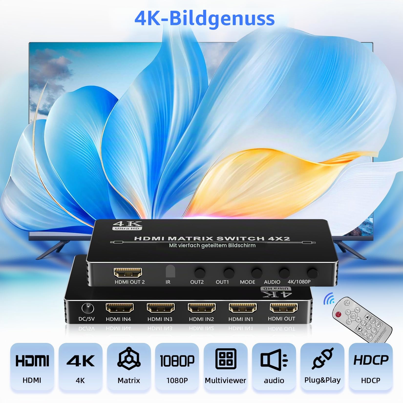BolAAzul 4X2 HDMI Multi-Viewer Mit Quad Screen und Loop Out - 4K 30Hz Seamless Switch und Matrix