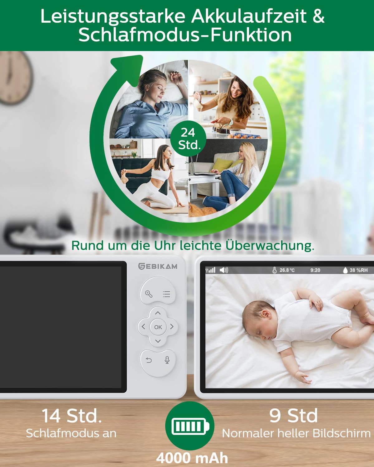 Baby Monitor 2K/3MP con Camera e App, Schermo 5,5", Rilevamento Movimento e Suoni, WiFi, Zoom 4X, Batteria 4000mAh, PTZ 355°, Modalità VOX, Visione Notturna, Audio Bidirezionale, Temperatura