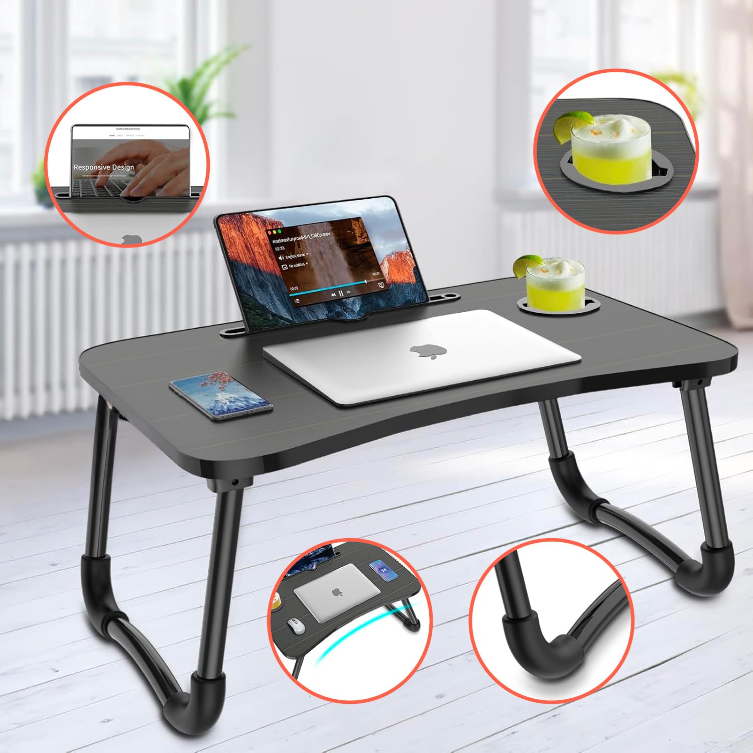 Wintem - Tavolino da Letto Pieghevole Nero 60x40 cm con Porta Bicchiere e Supporto Tablet | Tavolino Salvaspazio per Colazione, Studio o Relax su Letto o Divano