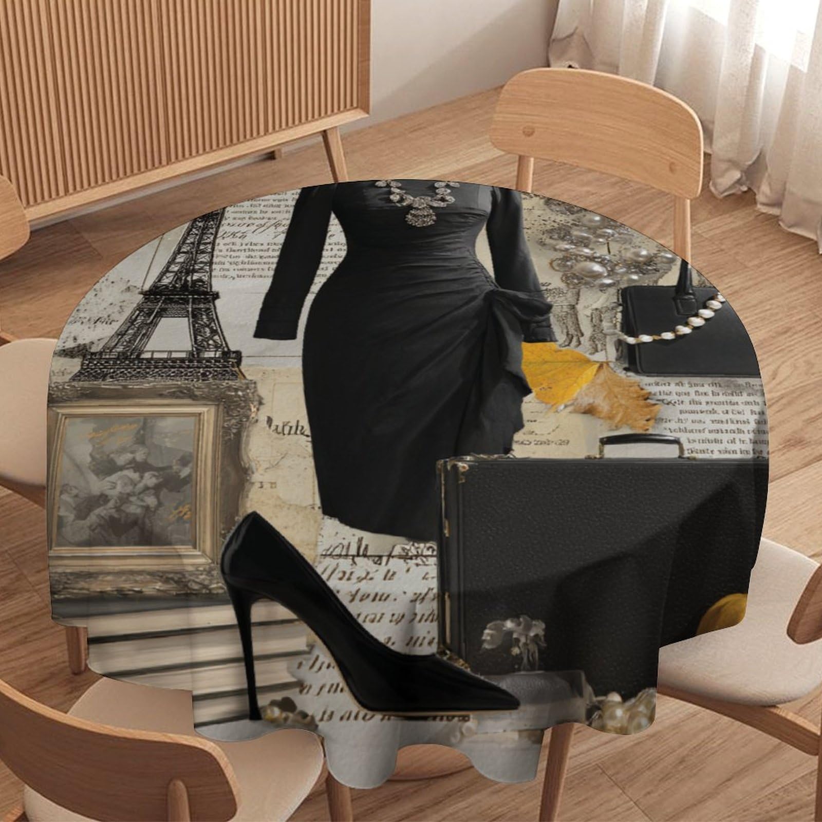 LUYYSKY Modern Rustic Black Dress Waterproof Round Tablecloth Vintage Fashion Makeup Themed Paris Style Eiffel Tower Washable Table Cover for Kitchen-177.8" Wx177.8 L cm