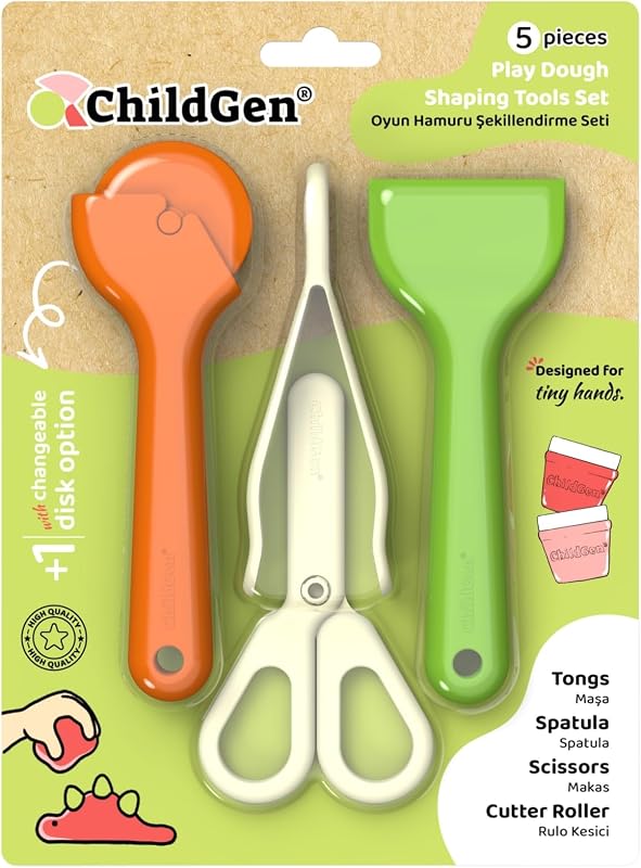 Childgen Play Dough Tools Set for Kids 6 Piece Modeling Clay Tools Kit with Cutter Roller, Scissors, Spatula & Tongs Creative Sensory Play Dough Accessories for Toddlers & Preschoolers