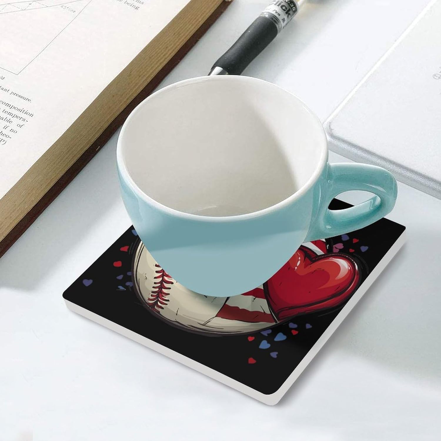 Baseball USA Flag Heart Ceramic Coasters Square Drinks Coaster Coffee Table Decor Table Coaster for Home Bar