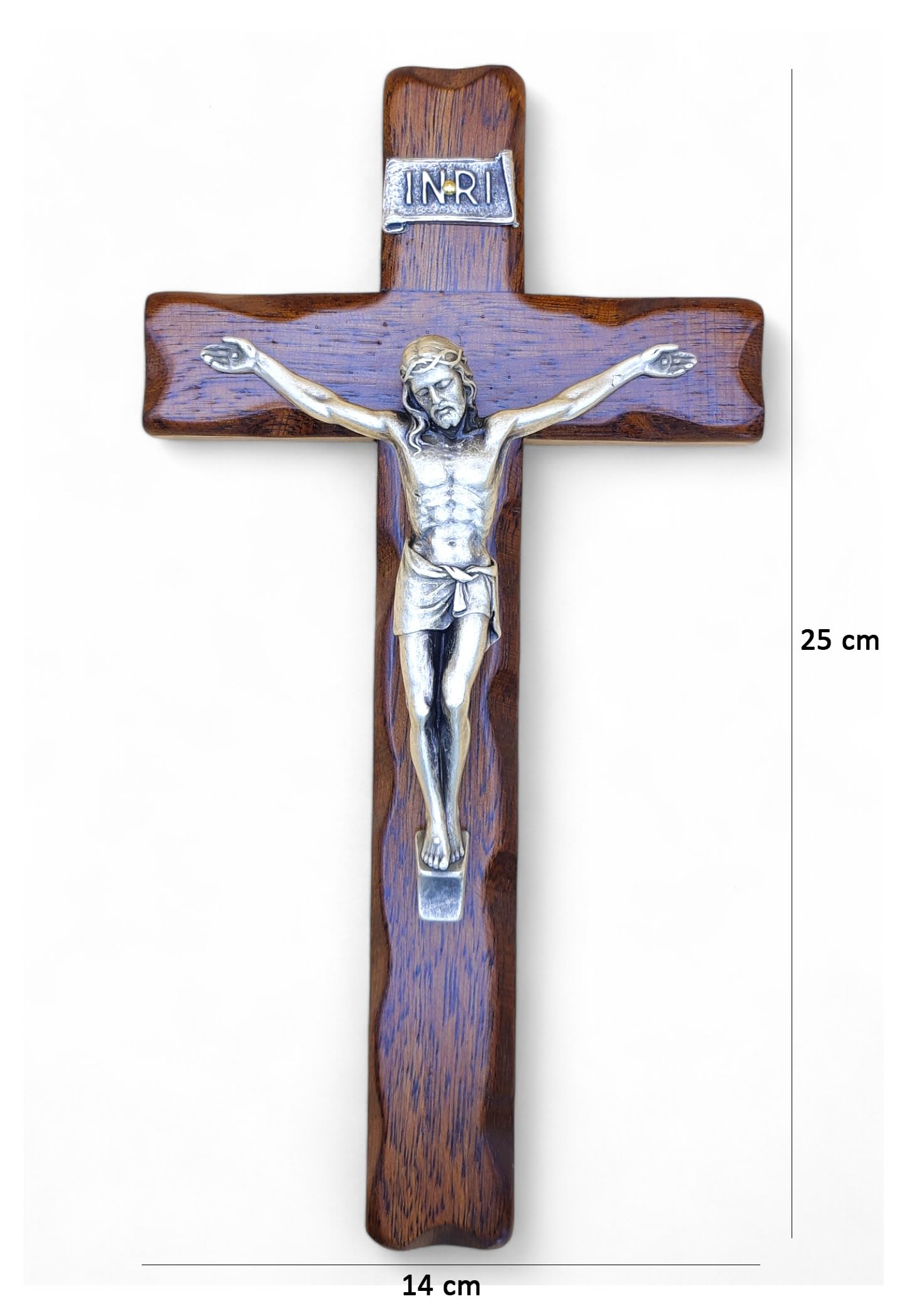Crucifix mural en bois avec Christ argenté, fabriqué en Ombrie, Italie, 25 x 14 cm