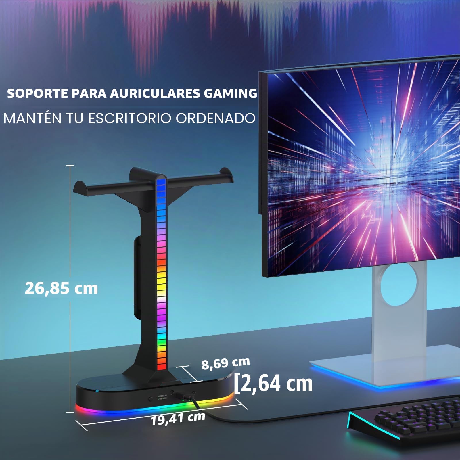 Soporte Doble RGB para Auriculares con Cargador USB, Soporte Doble para Auriculares para Juegos con 2 Puertos USB y Puerto de Audio de 3.5 mm, luz LED RGB para Todos los Auriculares, Mesa de Jugador