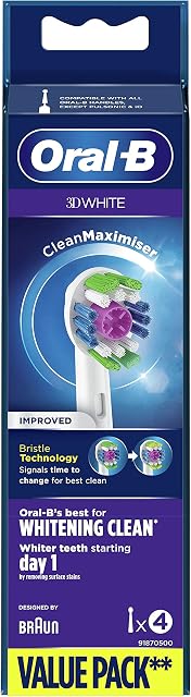 Oral-B White 3D Końcówki do Szczoteczek, 4 Sztuki, Oryginalne Wkłady do Elektrycznej Szczoteczki z Technologią CleanMaximiser, Białe