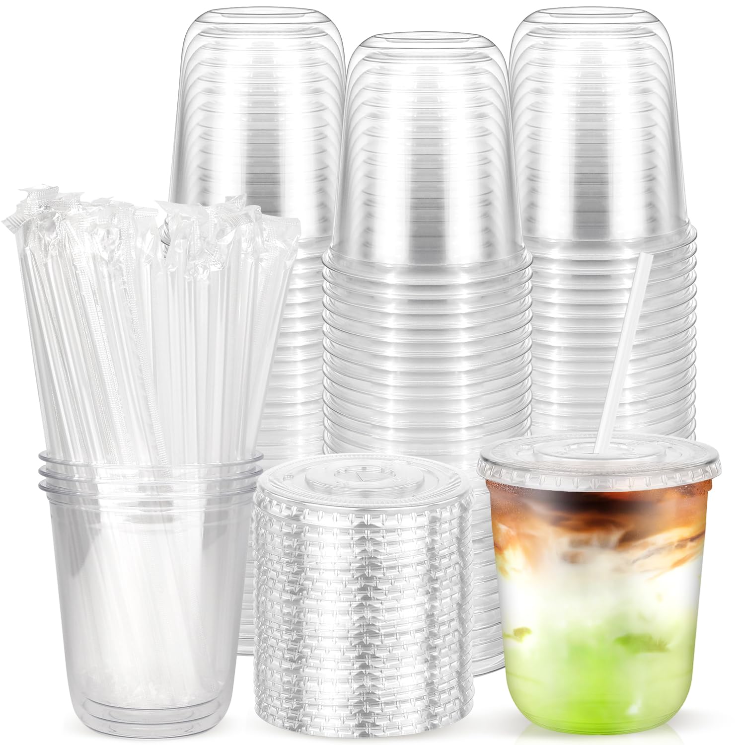 Photo 1 of 100 Pack 12 oz Plastic Cups with Lids and Straws, Disposable Clear Cups