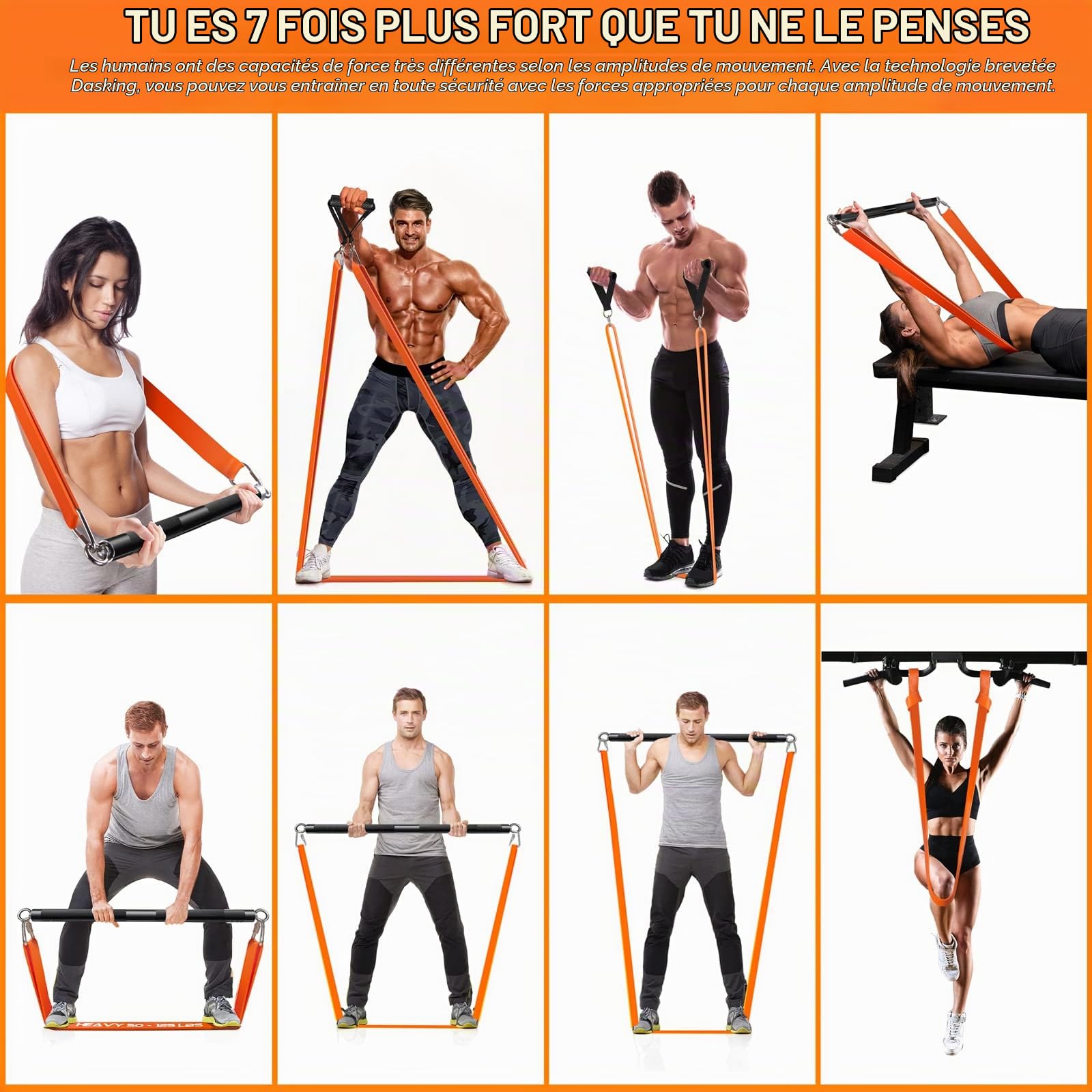 DASKING Kit de Bandes de Résistance avec Barre d'exercice, Amovible Pilates Barre + 4 Bande Élastique Latex-Kit de Barres Fitness pour la Musculation, Le Yoga -Équipement de Domicile Sports, Home Gym