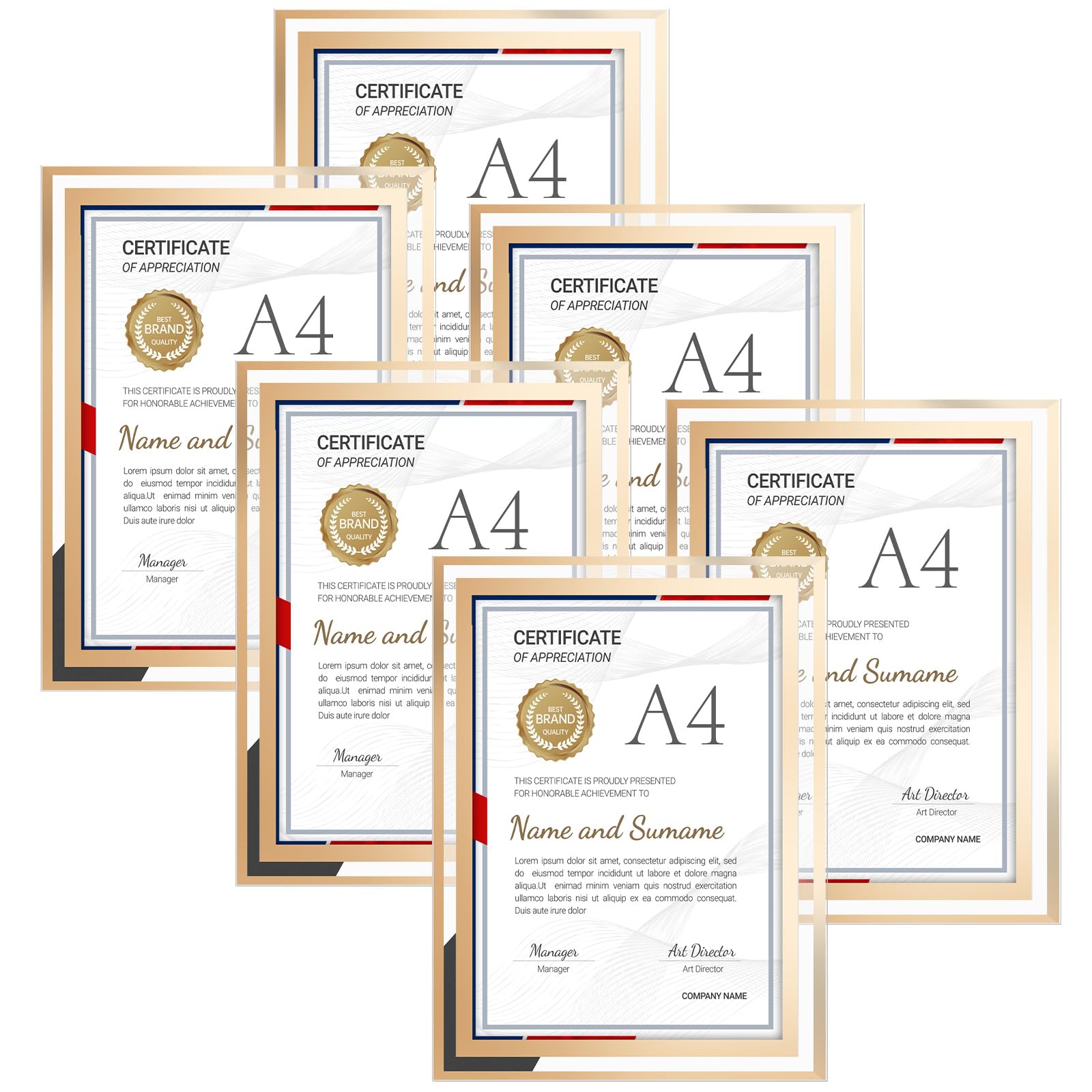 AHAQU 6PCS A4 Photo Frames, Glass Certificate Frame, A4 Picture Frame, Mirror Picture Frames for Wall and Tabletop, Home Decoration, Office Display, Gifts- Gold
