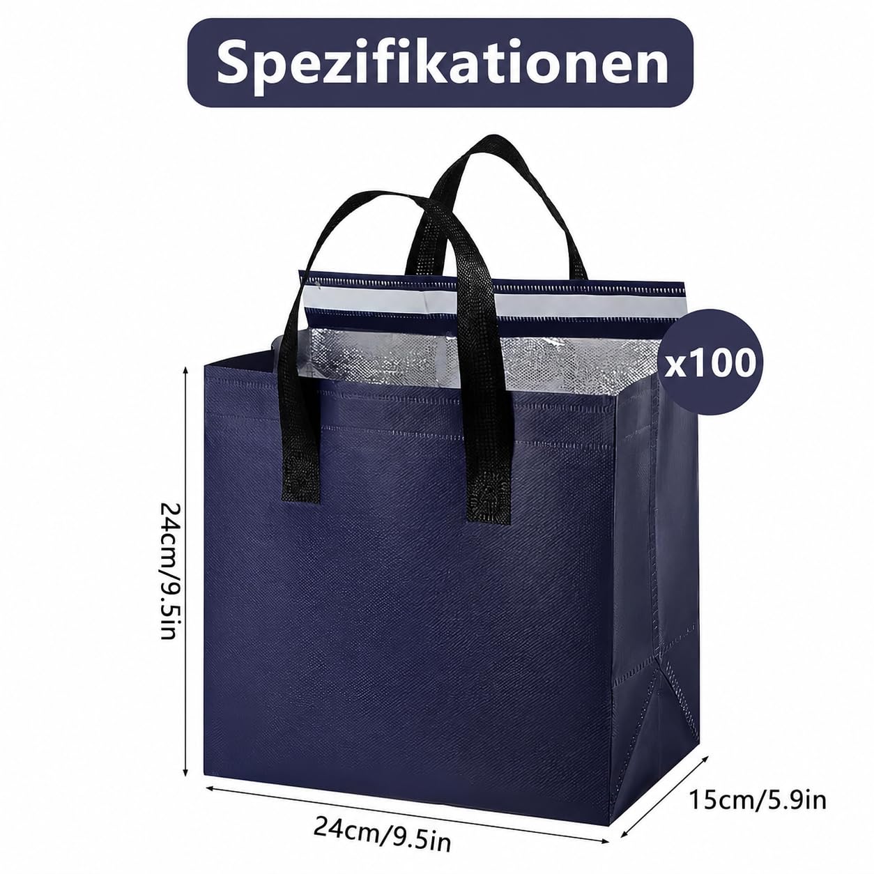 100 sacchetti isolati da Take Away, piccole borse termiche con manici, 24 × 24 × 15 cm, riutilizzabili, per alimenti caldi e freddi, consegna di cibo, lavoro, scuola, picnic