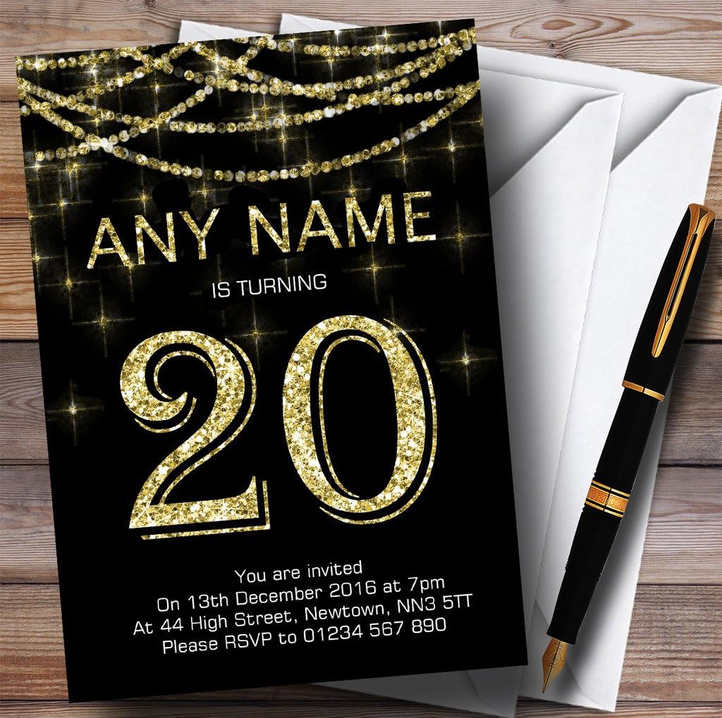 Black & Gold Sparkly Garland 20th Personalized Birthday Party Invitations