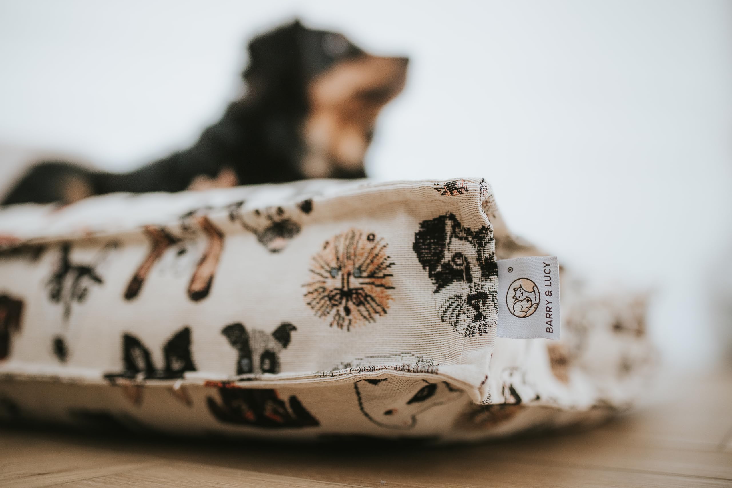 BARRY & LUCY® Hundebett aus Jacquard – Hochwertiges Hundekissen mit abnehmbarem Bezug & Tragegriff stilvolles Design mit Hunde-Motiven in 3 Größen erhältlich – Waschbar & bequem (Orthopädisch, L)