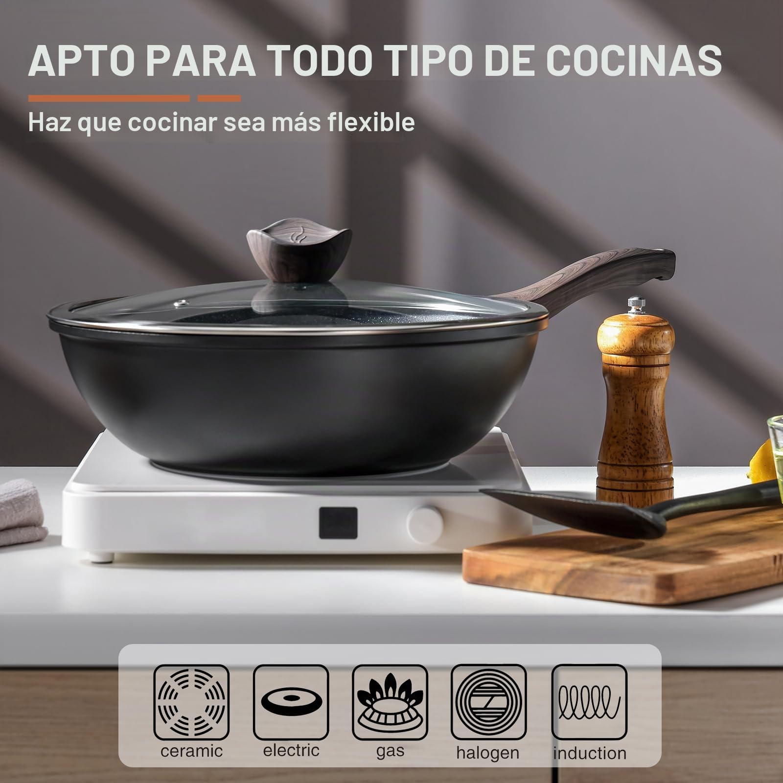 Kordisen Wok 30 cm, Wok de Inducción con Tapa, Revestimiento Antiadherente, Apto para Todo Tipo de Fuegos, Sin PFOA