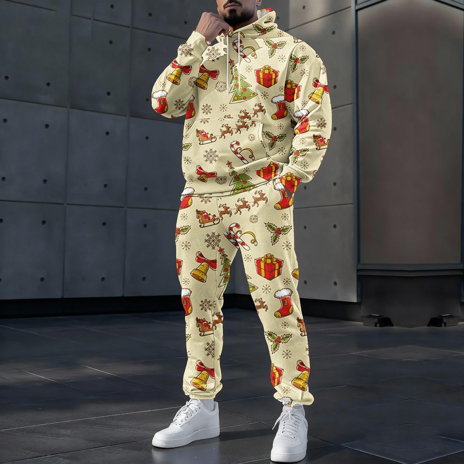 2 pezzi costumi di Natale da uomo divertente renna albero di Natale tuta oversize tuta natalizia a maniche lunghe con cappuccio e pantaloni della tuta set da jogging abbigliamento sportivo vacanze