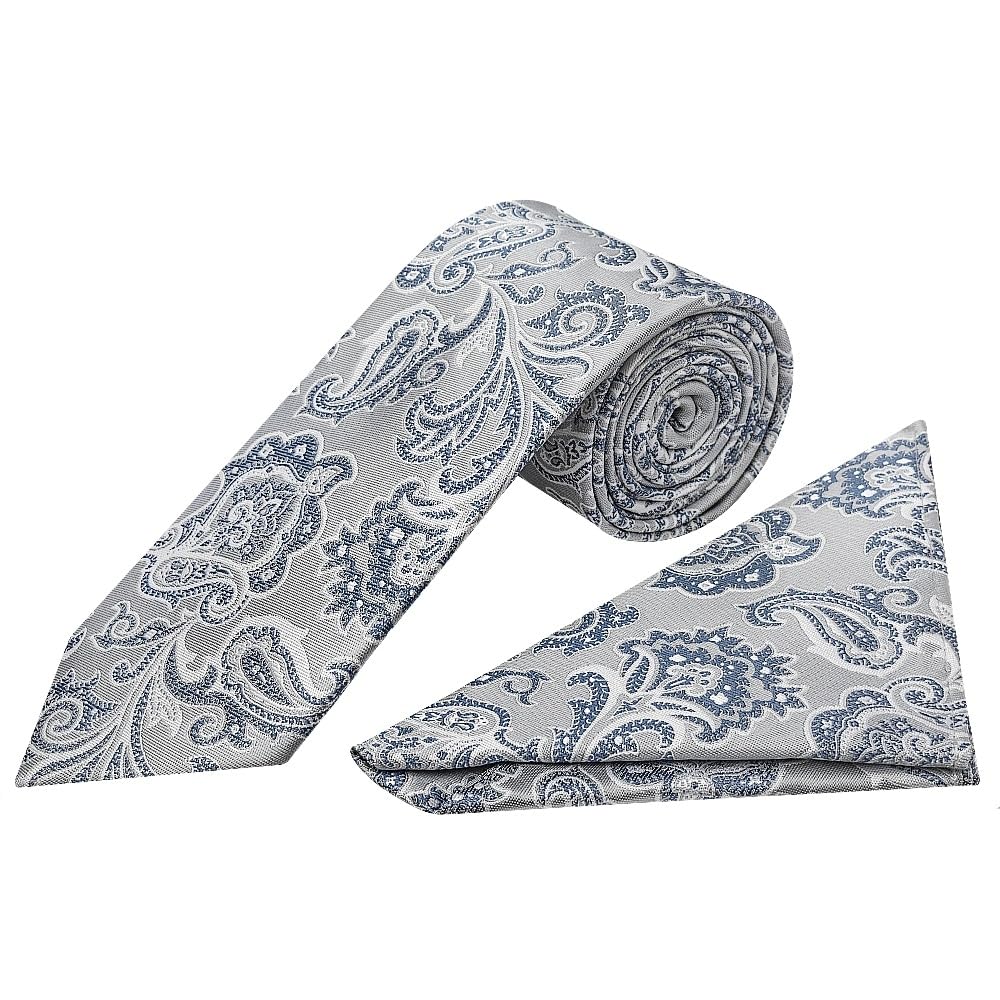 Ties R Us Men's Blue & Silver Silver And Blue Paisley Classic Tie And Handkerchief Set