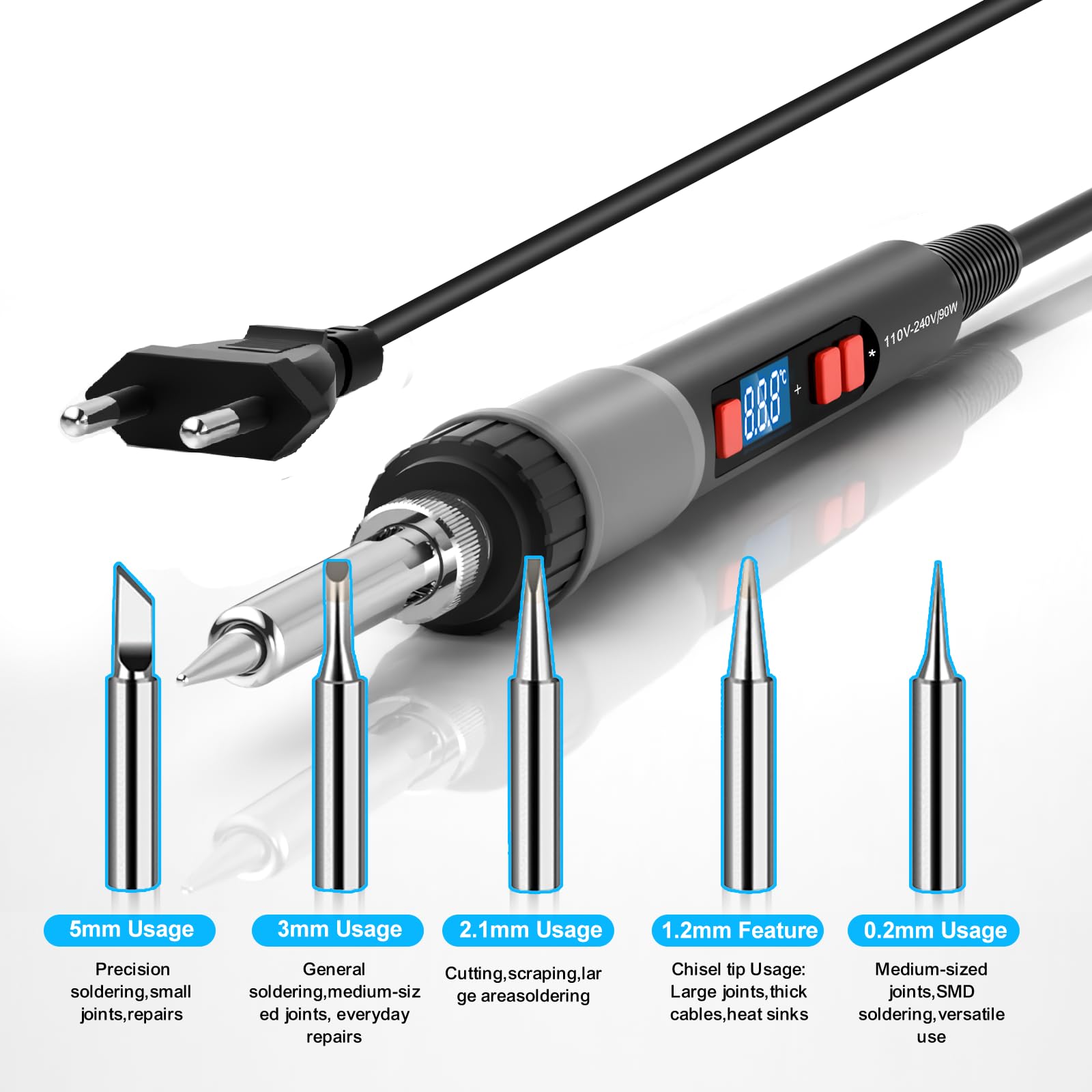Kit Fer à Souder ILIBILIB 90W LCD Auto Sleep - Réglage Température °F/°C, 5 Embouts, Support, Éponge, Flux, Pince, Fil à Souder