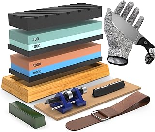 Knife Sharpening Stone Set, Premium 4 Side Grit 400/1000 3000/8000 Whetstone Sharpener Kit with Cut Resistant Gloves,Bamboo Base,Flattening Stone,Angle Guide,Honing Guide,Leather Strop,Razor Strop
