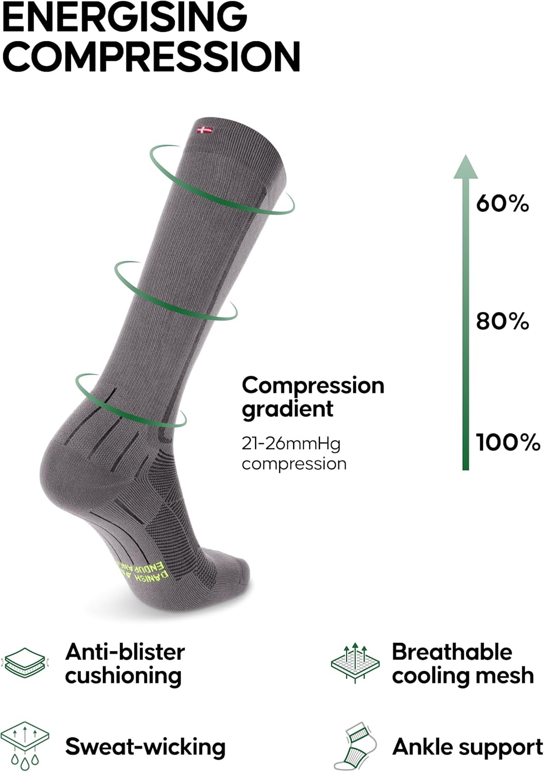 DANISH ENDURANCE 21-26 mmHg Compression Socks | Graduated Support & Faster Recovery | Running & Travel | Unisex 1 & 2 Pack - Image 2