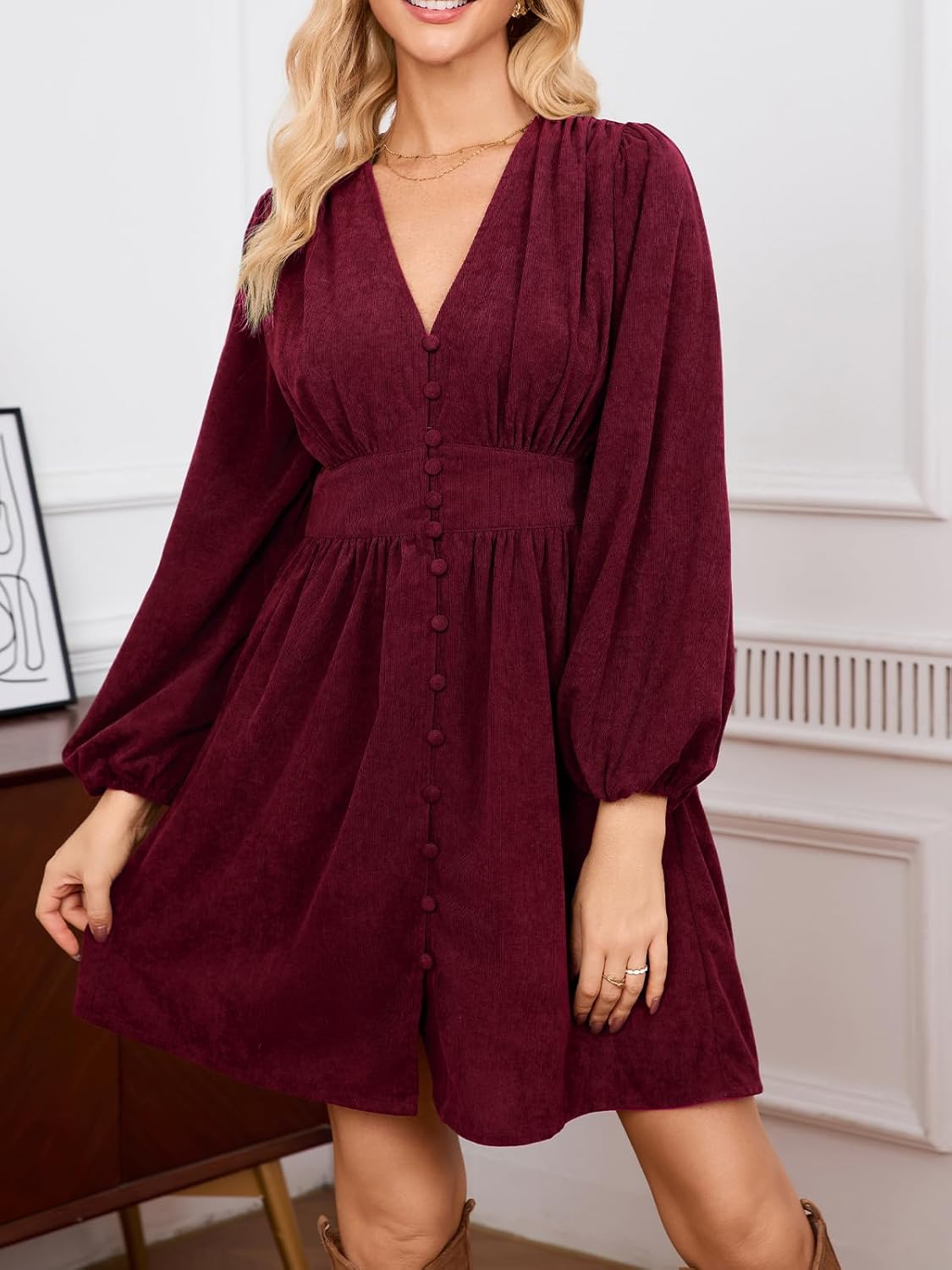 Women Corduroy Mini Dress V Neck A-Line Button Up Puff Sleeve Winter Fall Spring Dresses for Women - Image 4