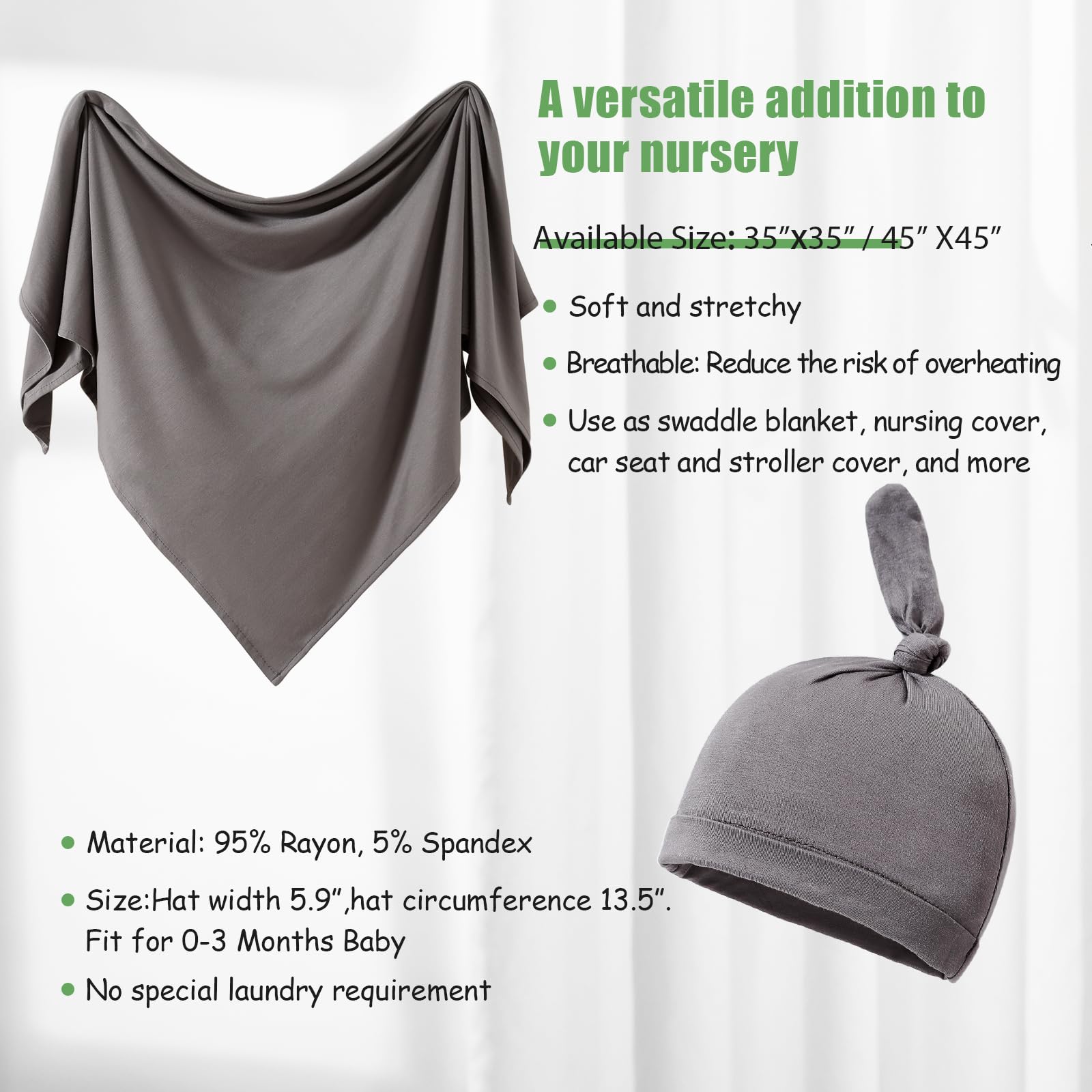 iEvolve Baby Swaddle Blanket with Hat Set Newborn Swaddle Wrap Swaddling Blanket Receiving Blankets for Baby Girls Boys 85 * 85cm(Dark Grey) - Image 4