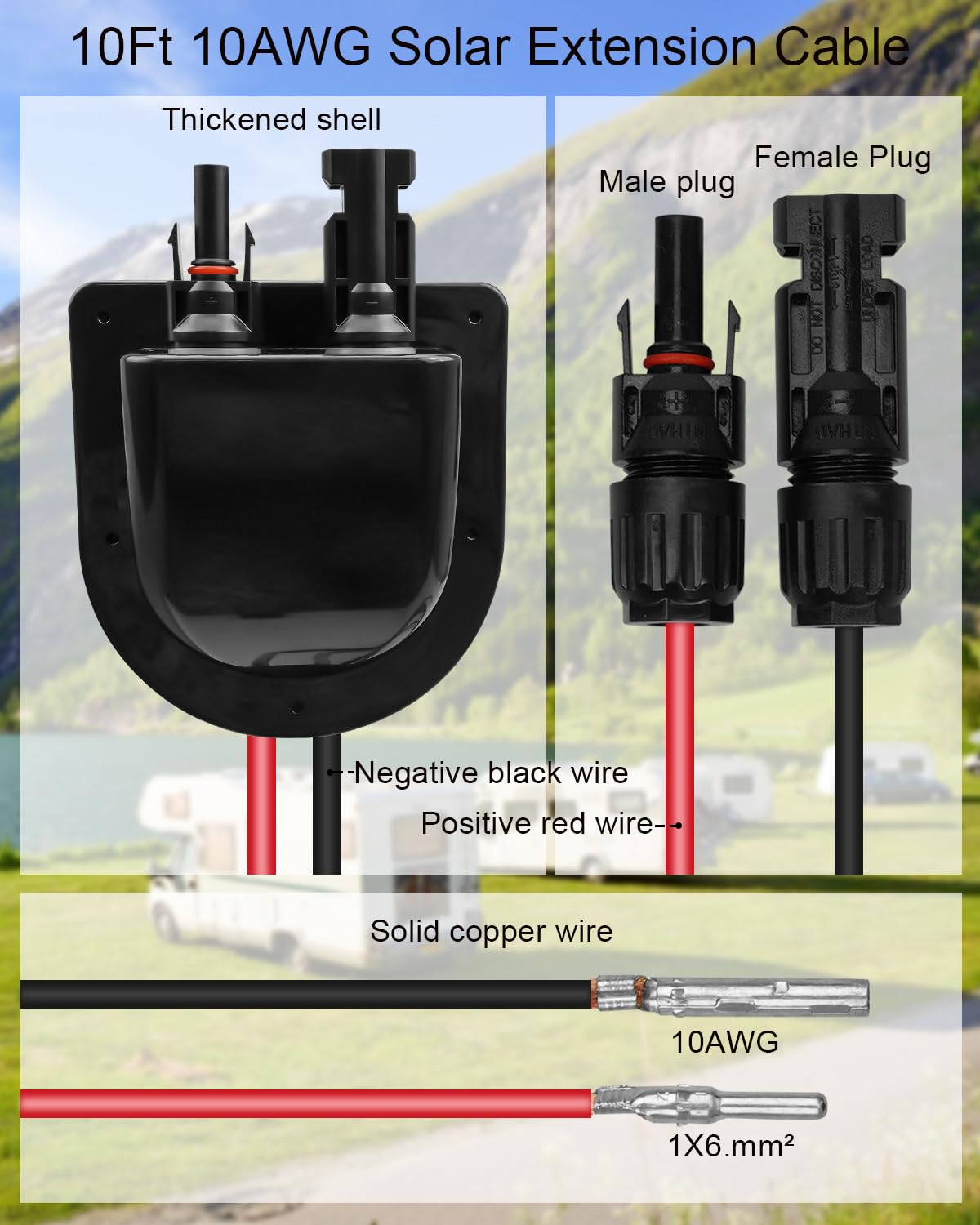 Caja de conexiones de cable de entrada de conector solar impermeable a través del techo de RV con cable de extensión solar de 10 pies 10 AWG, conector en caravana, barco, furgoneta y caravana