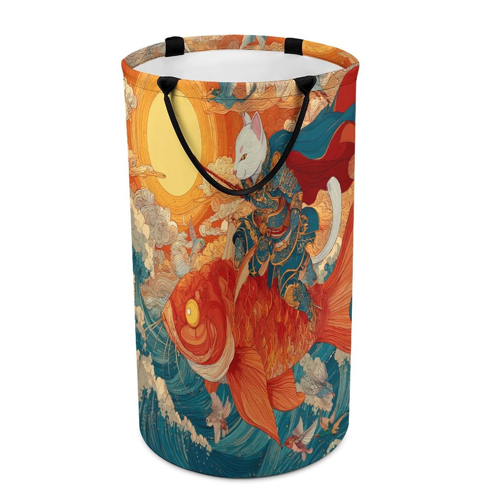 LUYYSKY Cool Realistic Cat Samurai Collapsible Dirty Clothes Basket, Oil Painting Japanese Sunset Animal Cat Fish Birds Ocean Waves Portable Clothes Storage Laundry Basket-40 CM Dia, 69 CM High