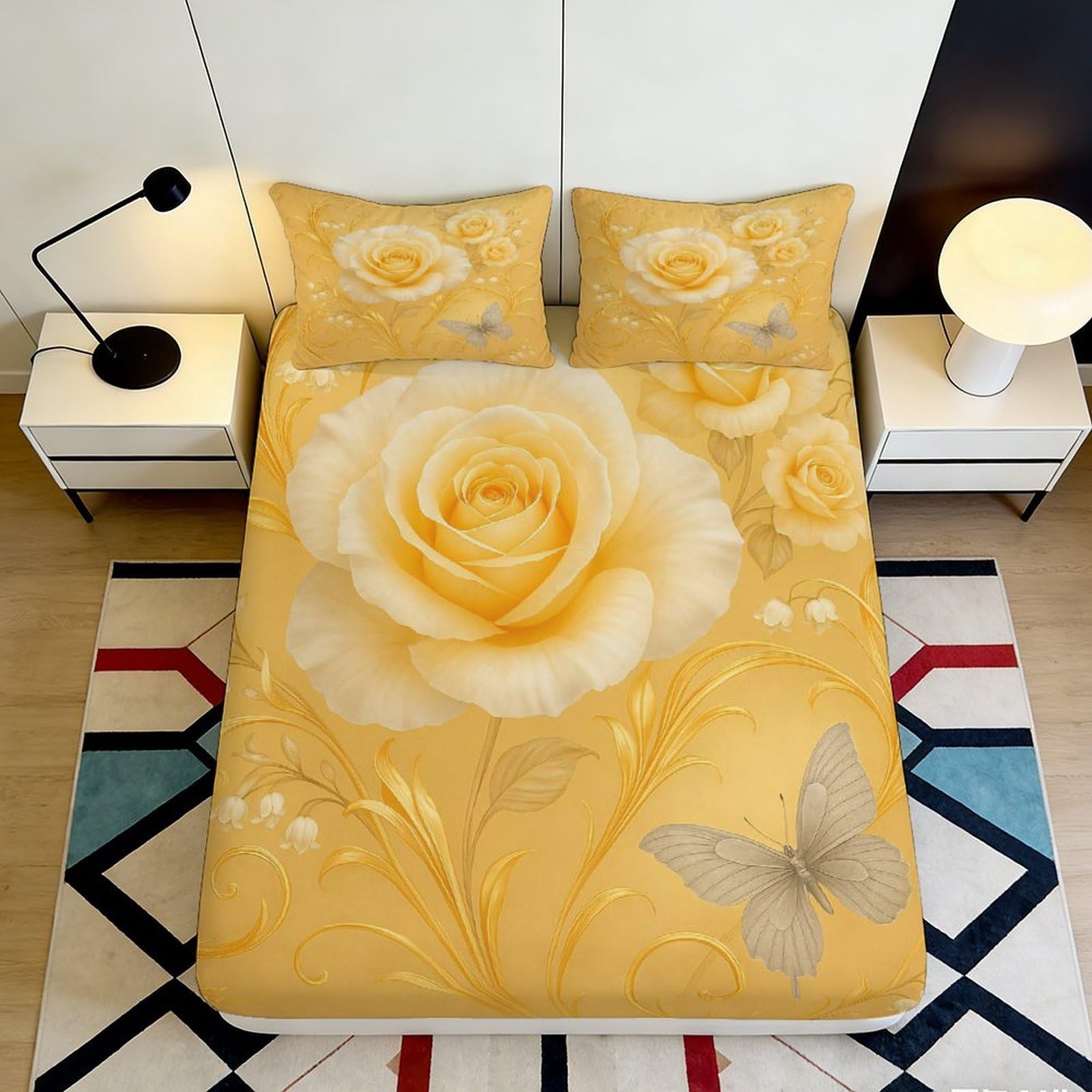 3D Printed Golden Rose Fitted Sheet Microfiber Soft Butterfly Bed Cover for Bedroom Guest Room Easy Care 90x200x25cm