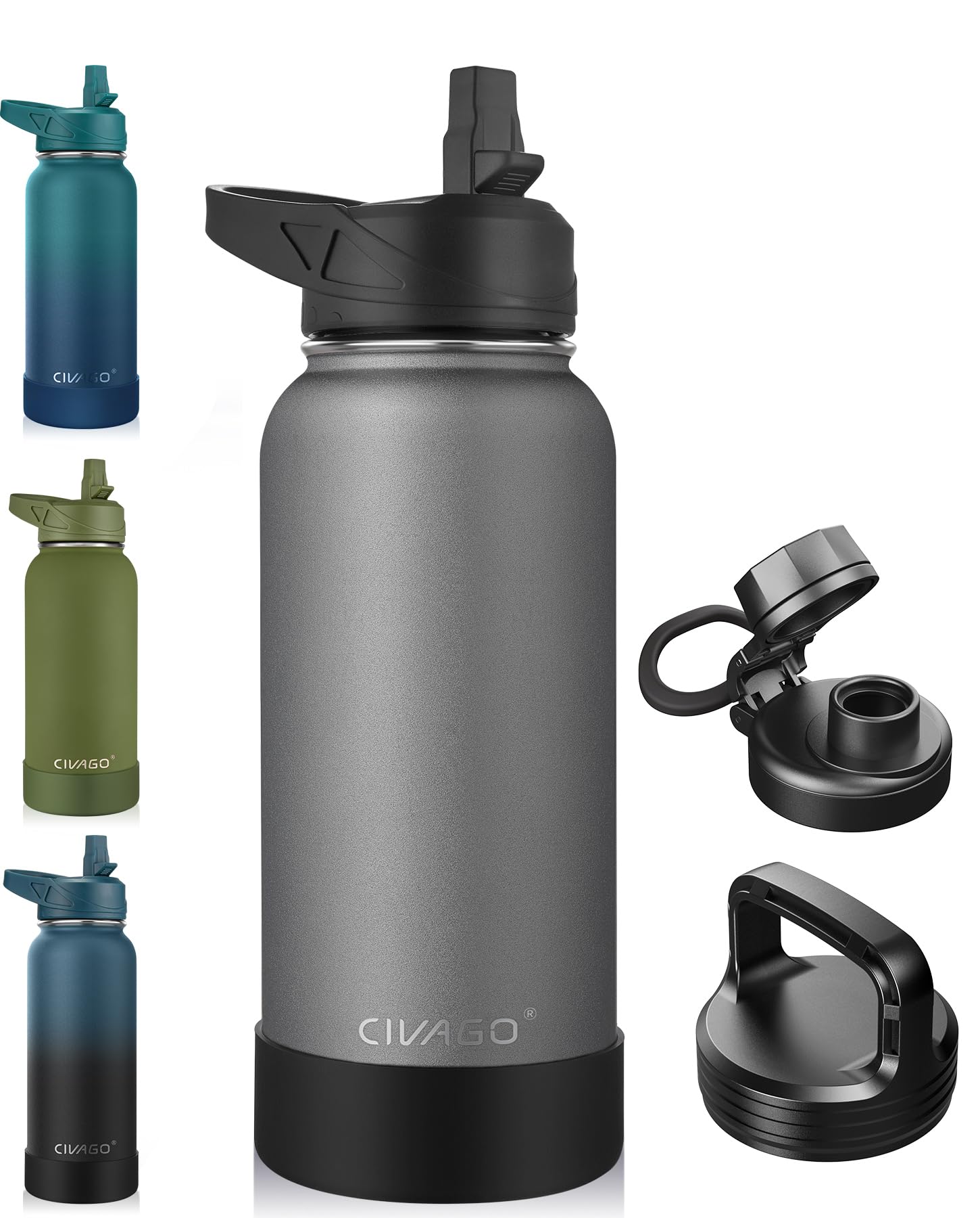 CIVAGO 32 oz Insulated Stainless Steel Water Bottle With Straw and 3 Lids | Large Metal Sports Water Jug Leakproof Reusable Wide Mouth Thermal Flask Cup with Silicone Boot, BPA-Free, Cool Gray