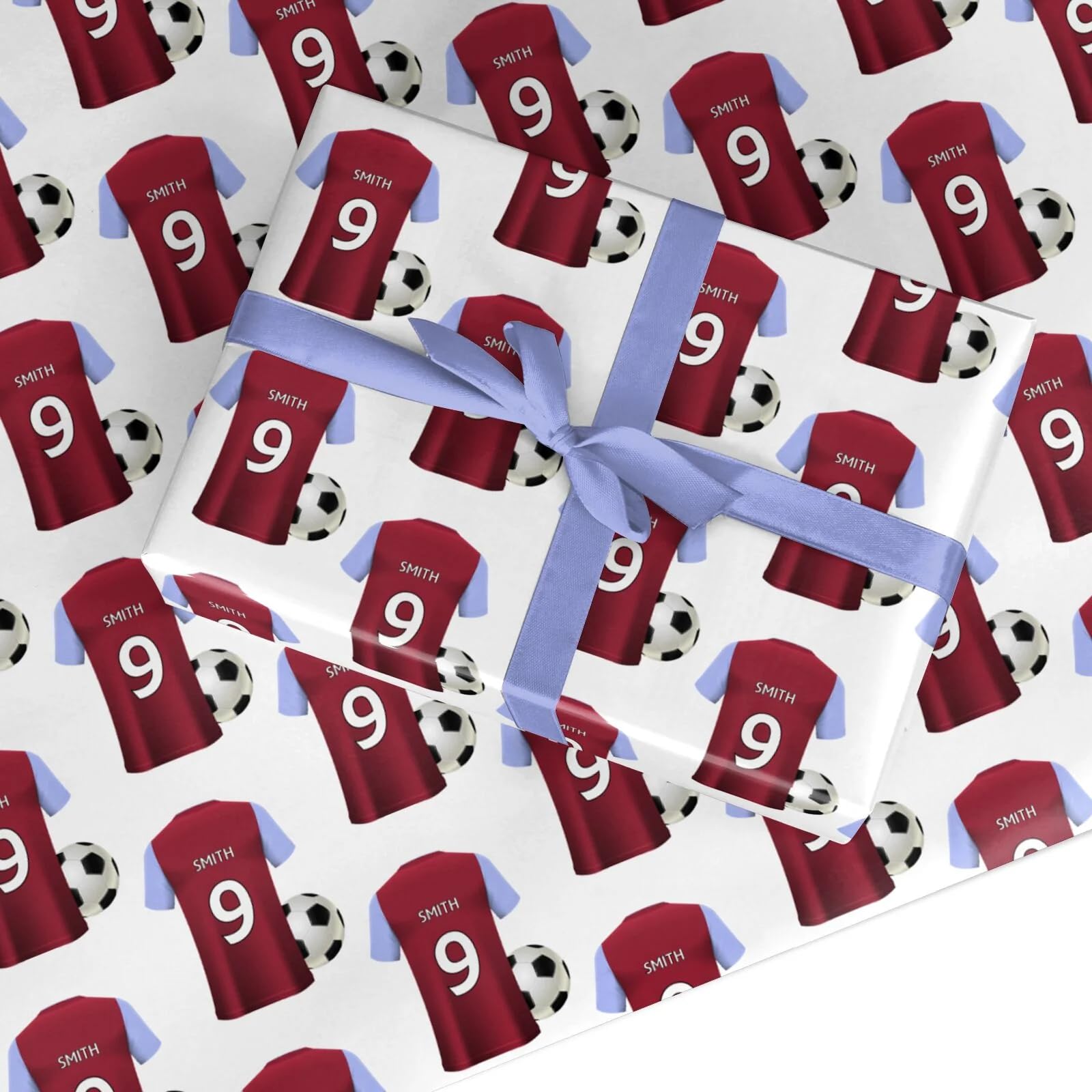 Claret and Blue Personalised Football Shirt Wrapping Paper Custom Birthday Gift Wrap - For Him Mens Dad Father's Day Christmas Boys Kids Adult - Any Name & Number - 1 Sheet (50cm x 65cm)