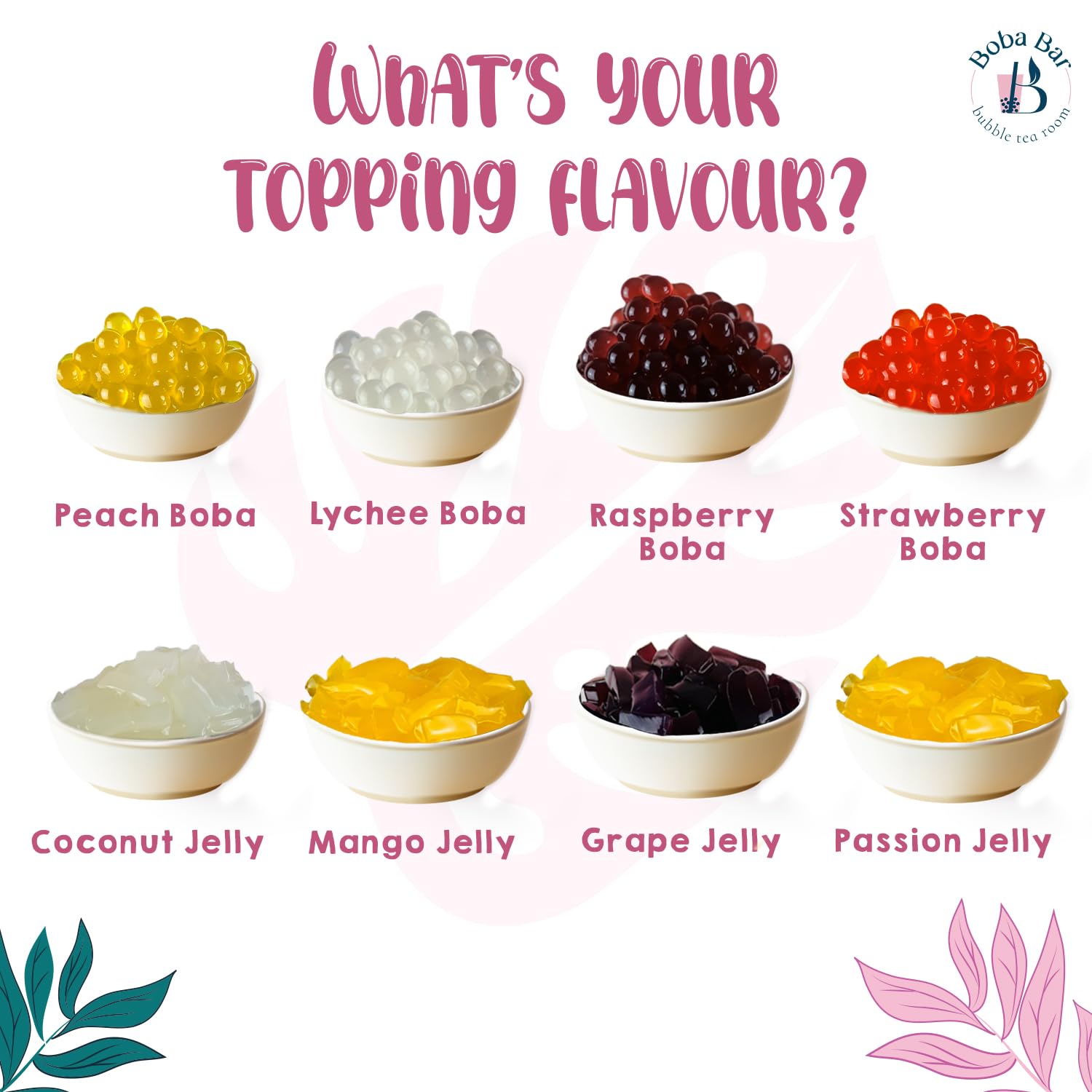 Rinfrescante alle bacche di mango - Kit Bubble Tea misto | 8 gusti di tè misti, 8 - Popping Boba e guarnizioni in gelatina, tè con bolle di perle di tapioca (per 8 persone)