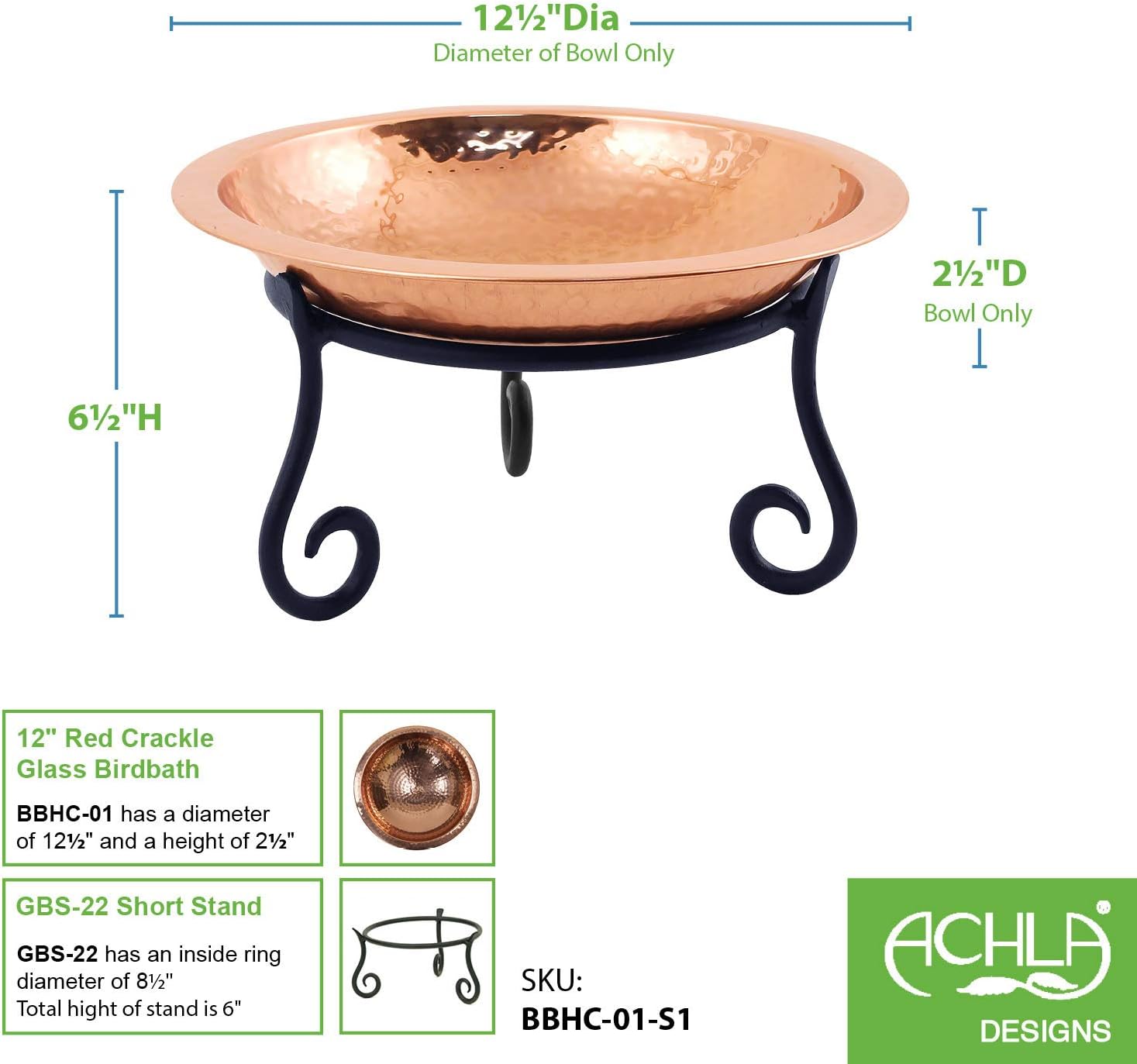 Achla Designs Hammered Copper Birdbath Bowl with Short Stand