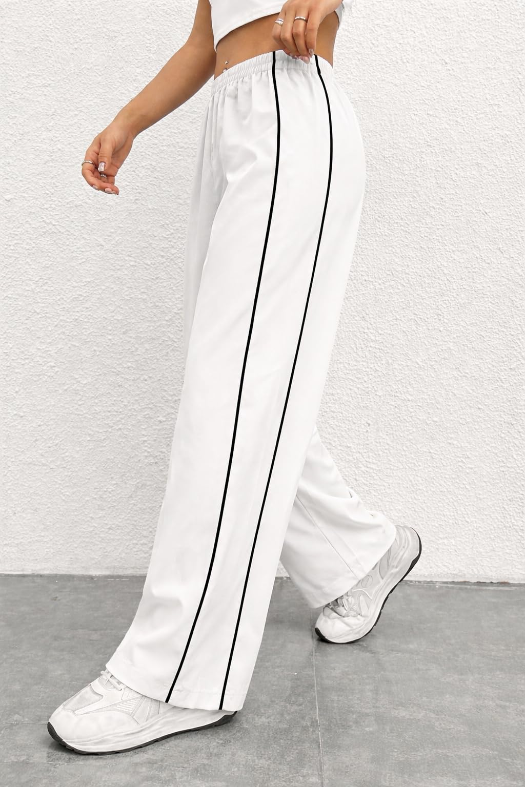 dormitorry White Track Pants for Women High Waist Wide Leg Gym Workout Trousers with Side Stripe Comfortable Loose Fit Casual Lounge Sportswear Bottom Wear-picture-25