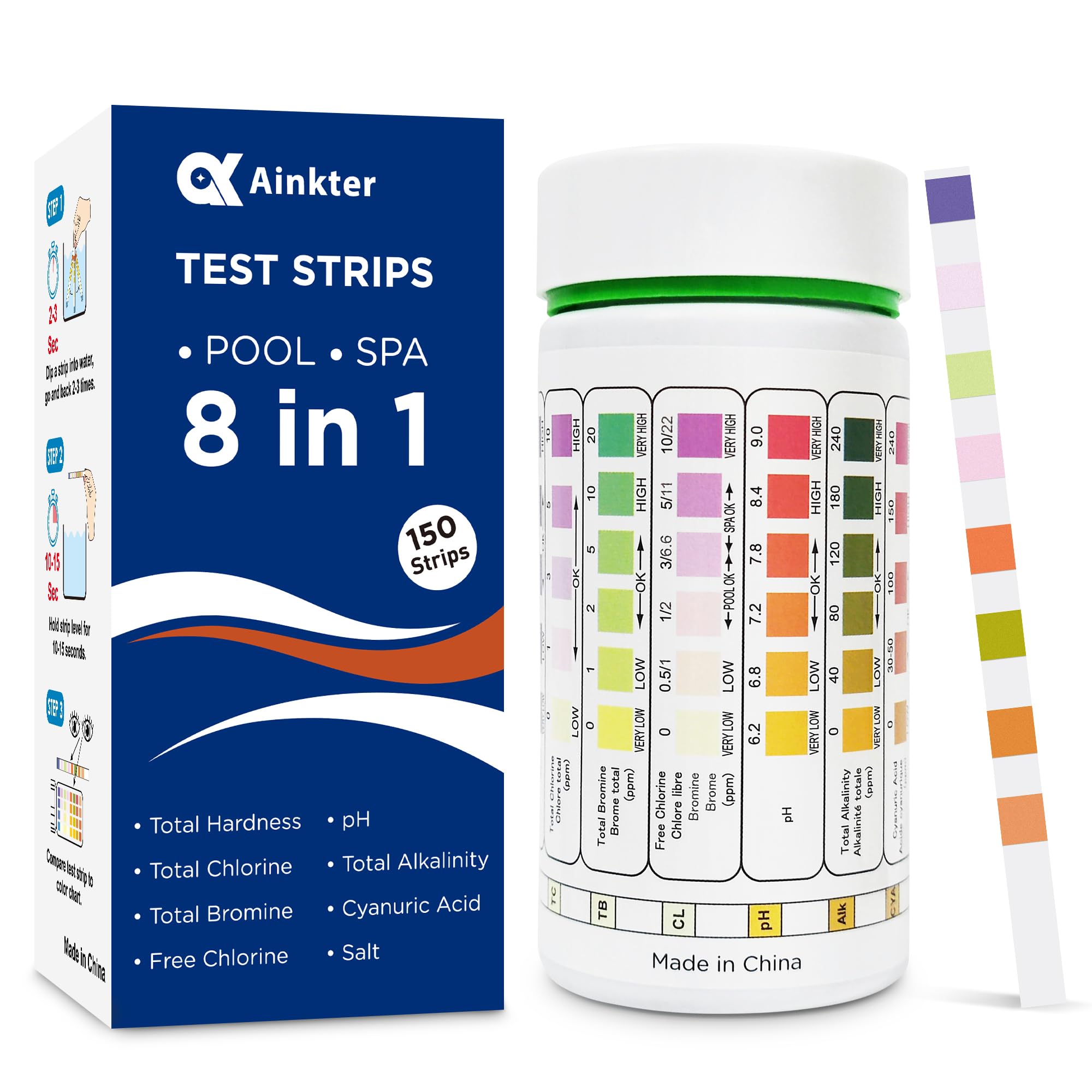 Pool Test Strips:8-in-1 Pool Test Kit,150 Hot Tub Test Strips for Above Ground Pool,Spa,and Salt Water Pools, Accurate Tests for pH, Chlorine, Bromine