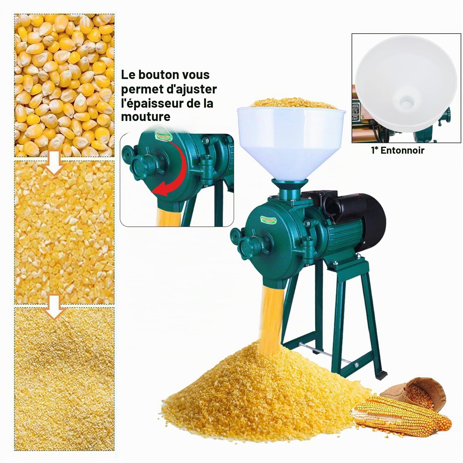 Moulin électrique pour céréales avec moteur puissant de 2200 watts, 50-75 kg/h finesse minimale des particules 0,3 mm, concasseur à céréales avec entonnoir moulin (vert herbe)