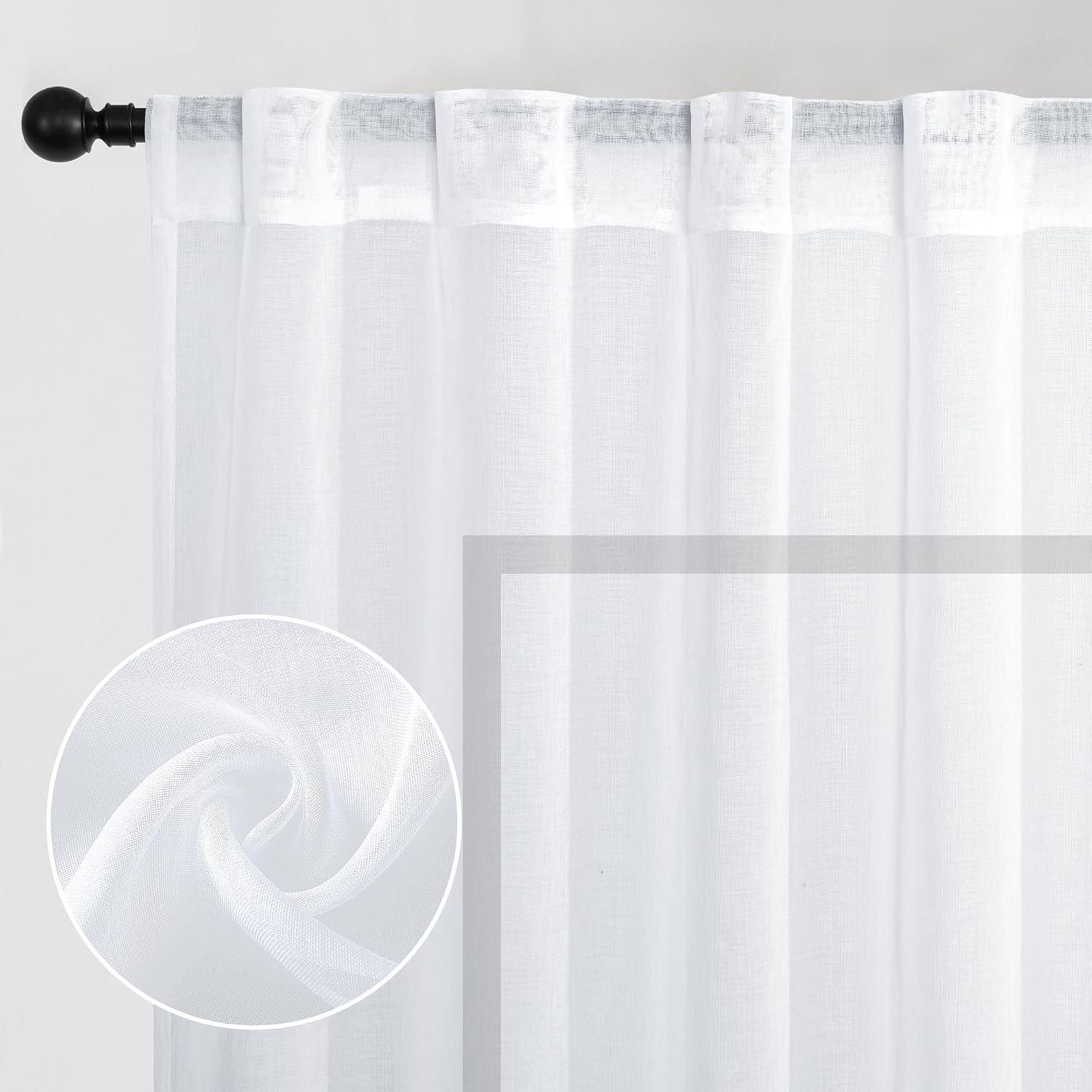 DWCN White Sheer Curtains, Faux Linen Look Semi Transparent Voile Rod Pocket & Back Tab Solid Lightweight & Airy Gauzy Curtains & Drapes for Living Room Drapes W52 x L90 Inch Long, Set of 2 Panels