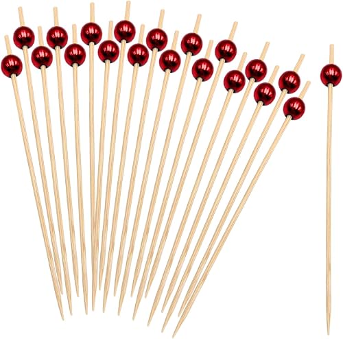 Premium Food Grade Bamboo Wooden Picks with Pearl Ball Tops, for Fruit Platters, Cheese Boards, Cupcakes, Desserts and Food Decor, 20 Pack (Red)