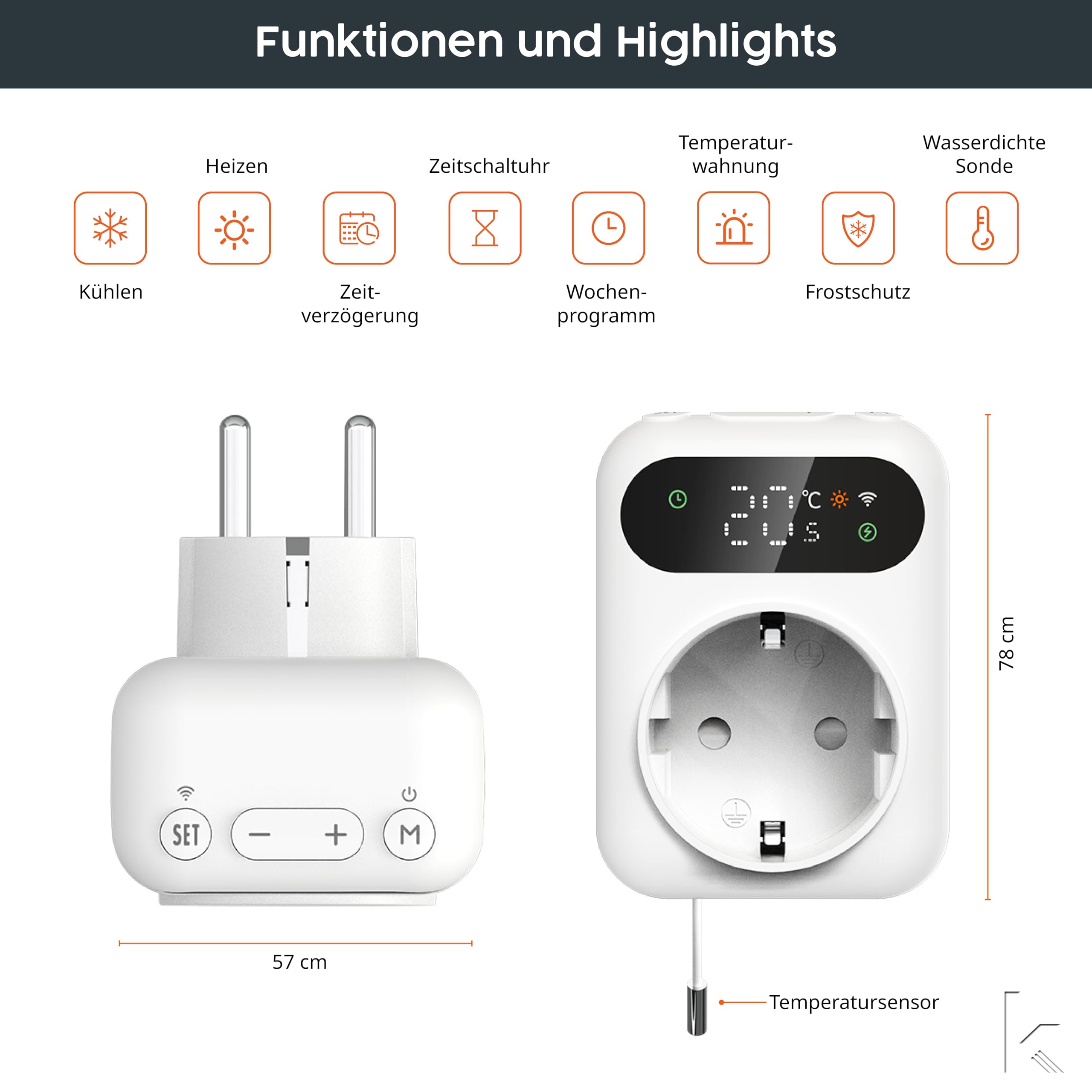 Könighaus Infrarot Smart LED Thermostat - WLAN Steckdosen-Thermostat 16A für Heizung & Kühlung - App-Steuerung, Wochenprogramm, Zeitschaltuhr, Frostschutz - inkl. Fühler – kompatibel mit Alexa & Tuya