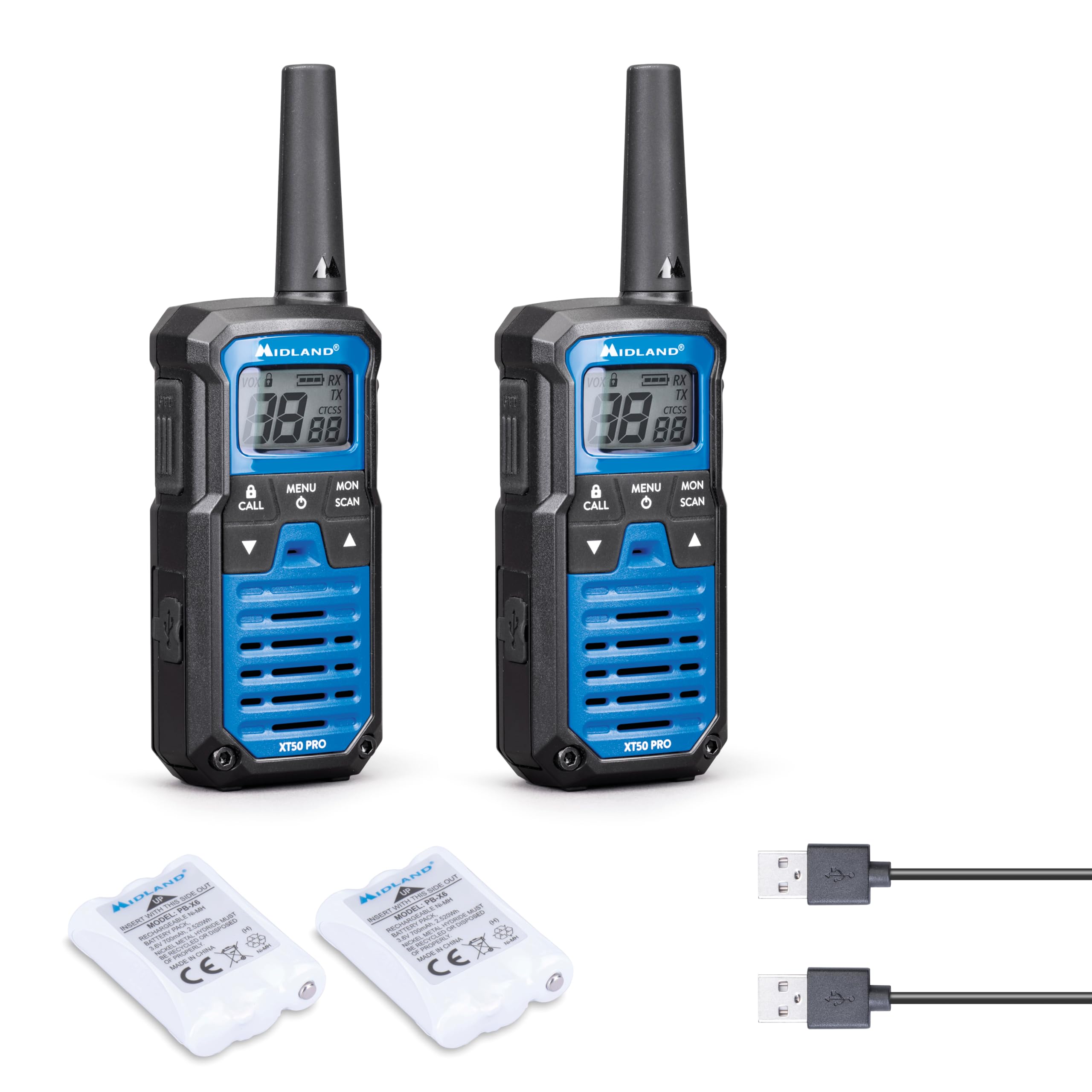 Midland- Walkie Talkie Profesional Largo Alcance 8km XT50 PRO, 2 Emisoras, 101 Canales, 32PMR446/​69LPD, Autonomía 12H - VOX, Scan, Canal Emergencia RRM, Waterproof IPX2, Pilas Recargables y Accesorios