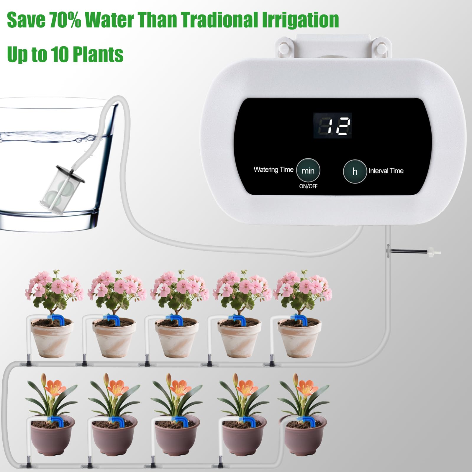 Lewisia Kit di irrigazione automatica a goccia con timer per 10 piante in vaso, sistema di irrigazione automatica fai da te, set di irrigazione automatica per giardino, aiuole rialzate, patio, prato