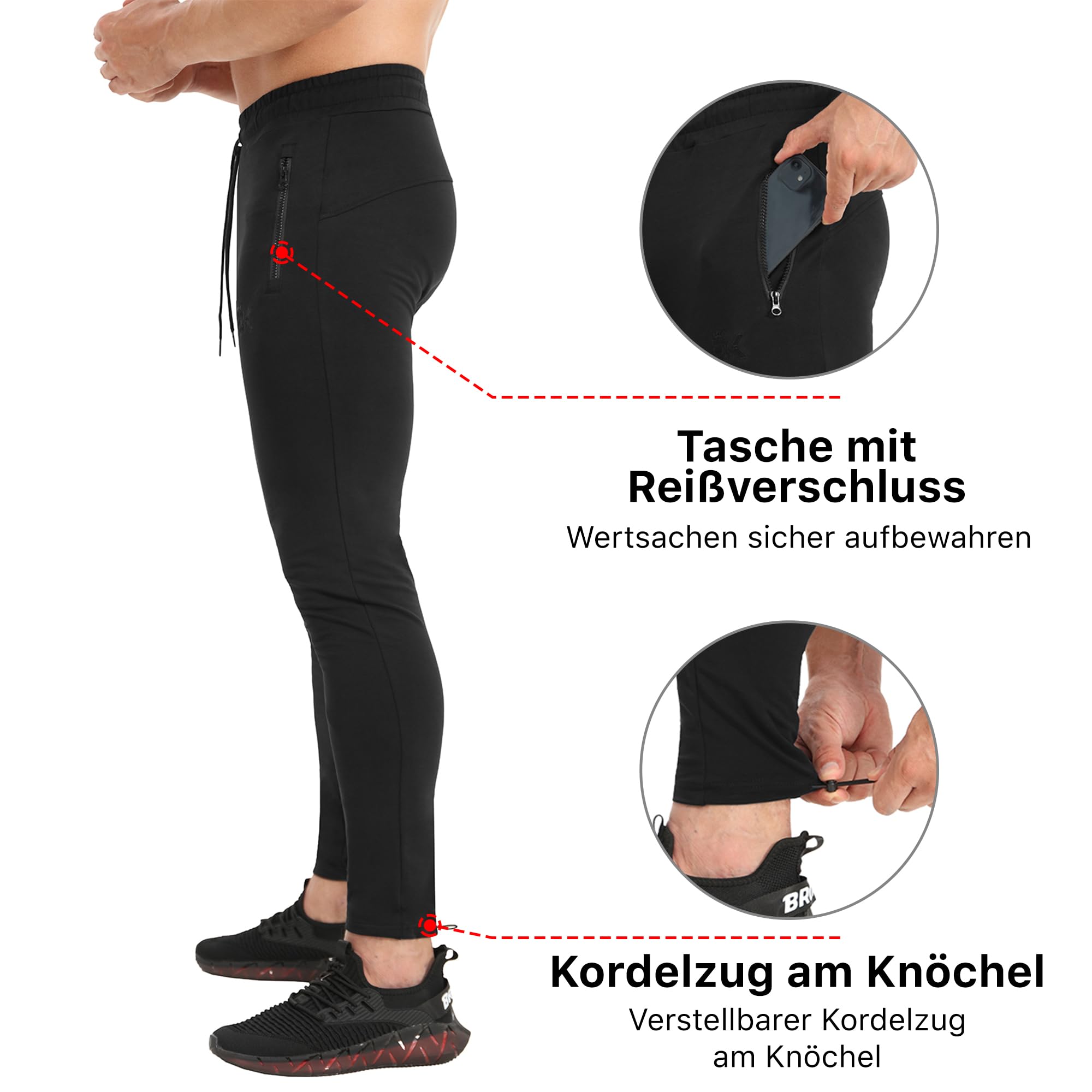 BROKIG Gym Hose Herren Fitness Trainingshose Baumwolle | Slim Fit Sporthose Herren Lang, Jogginghose Herren Atmungsaktiv Laufhose mit Reißverschlusstasche