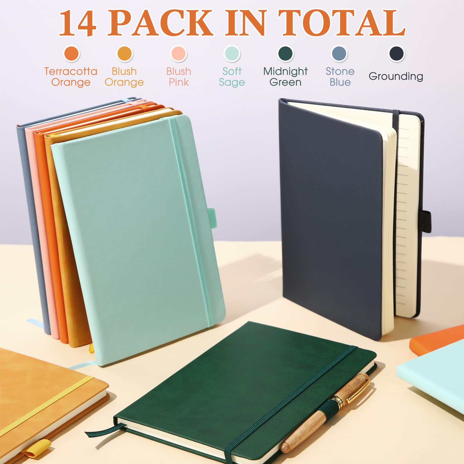 Laumoi Paquete de 14 cuadernos rayados de 5.5 x 8.2 pulgadas, cuaderno de tapa dura A5, bloc de notas con rayas universitarias con soporte para bolígrafo, diarios rayados de piel sintética para