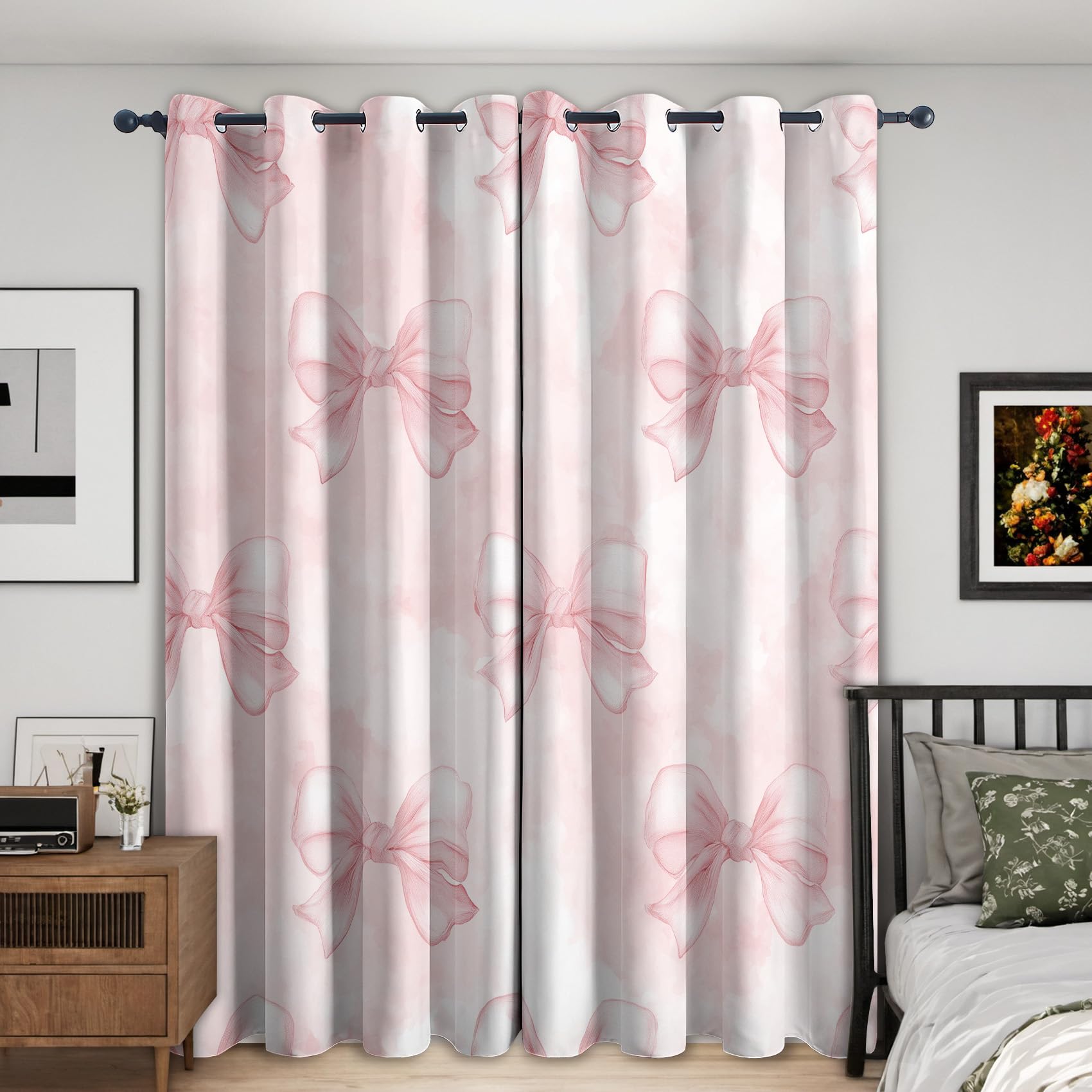 Pink Bow Blackout Curtains, 54 Drop, Cute Bowknot Printed Curtains for Living Room, Bedroom, Eyelet Drapes for Window Home Decor, 66x54 Inch 2 Panels (N-529)