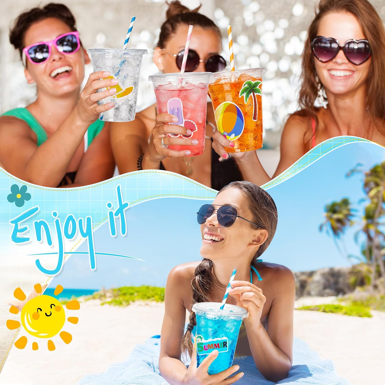 50 Set Hawaiian Plastic Cups with Lids and Straws 16oz Summer Tropical Clear Disposable Iced Coffee Cup Bulk with Stickers Luau Theme Party Supplies for Birthday Pool Beach Decorations image 5