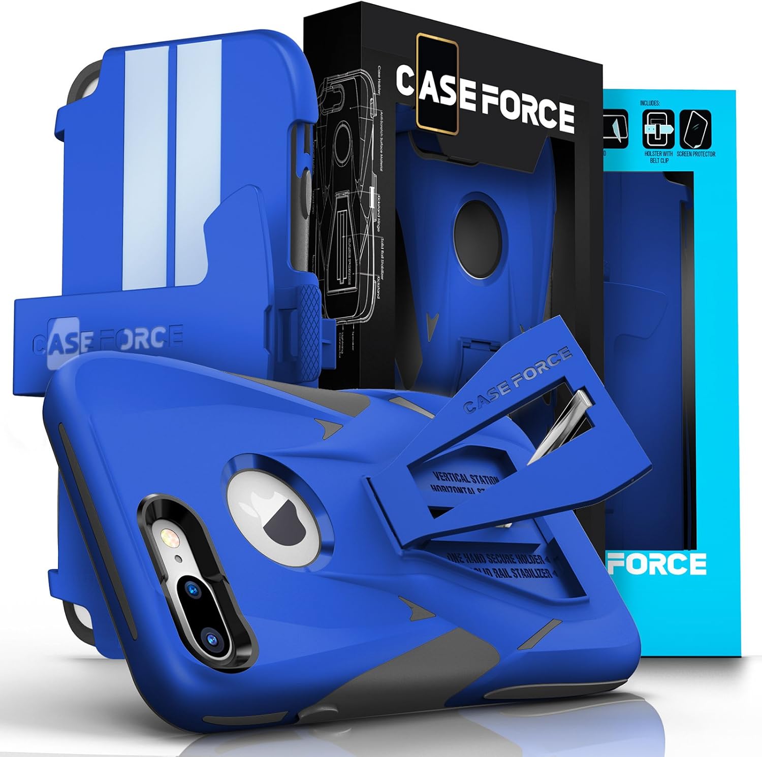 iPhone 7 Plus Case, CASE FORCE [Velocity Series] World's First High Velocity Impact Resistance Case, Multi-Functional Kickstand+Swivel Belt Clip Holster+Screen Protector for iPhone 7 Plus (Blue/Gray)