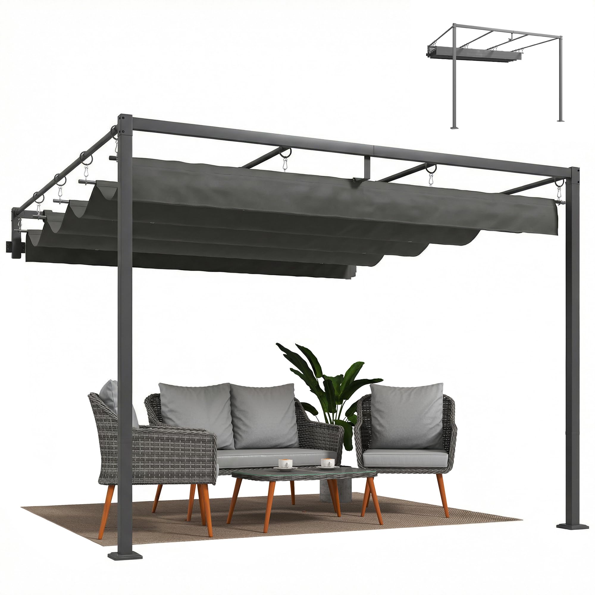 Outsunny Pérgola de Pared de Jardín 3x3 m, Cenador de Jardín con Techo Retráctil, Protección UPF30+, Orificios de Drenaje y Estructura de Acero, Pabellón para Patio, Terraza, Exterior, Beige — view 10