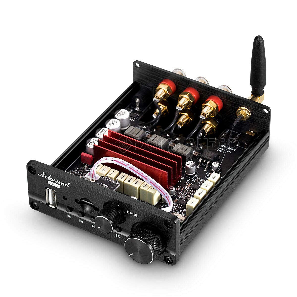 Internal view of Nobsound NS-21G amplifier showing circuit board and components.